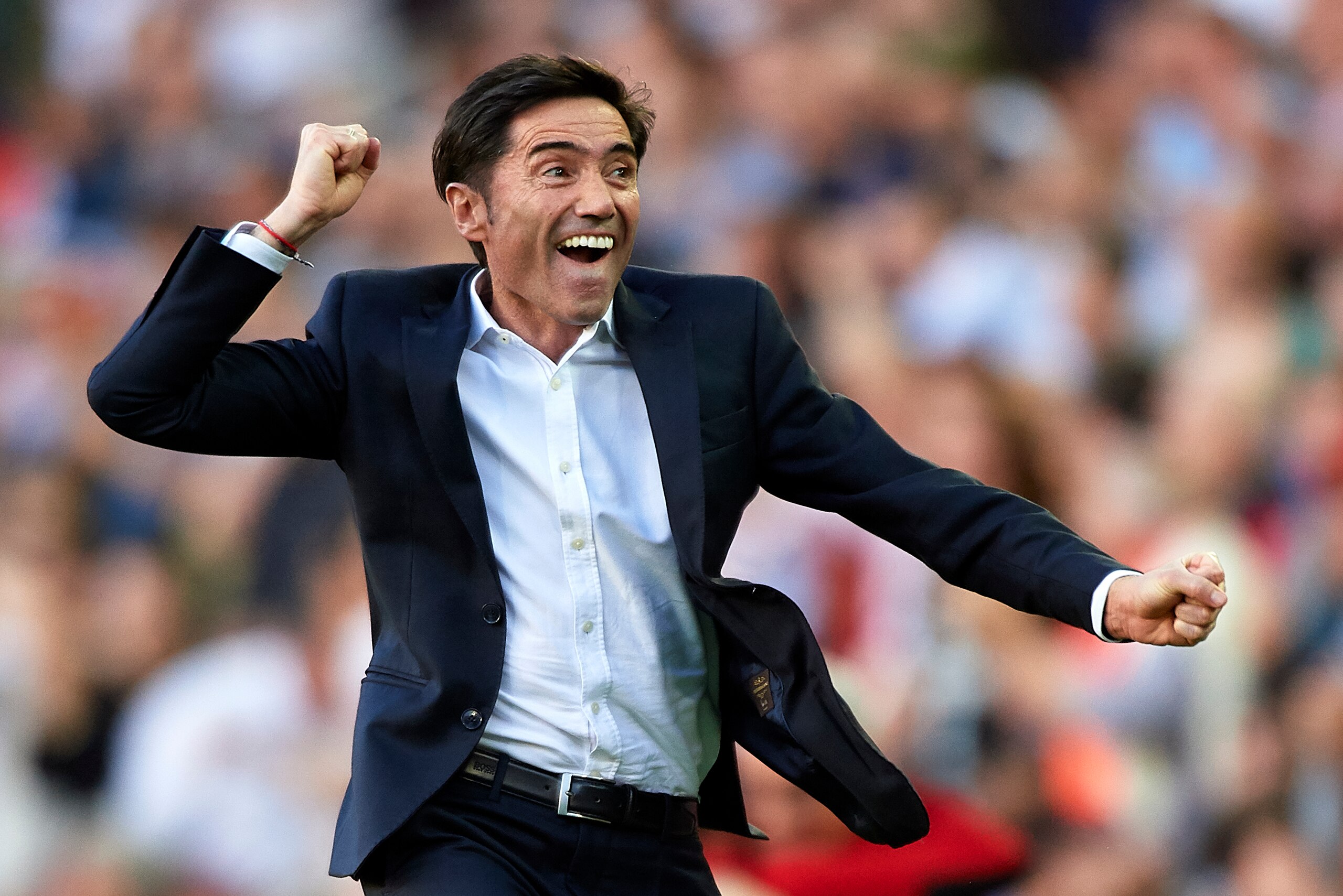 VALENCIA, SPAIN - MAY 12: Marcelino Garcia Toral, Manager of Valencia celebrates after the third goal of his team scored by Kevin Gameiro (not in frame) during the La Liga match between Valencia CF and Deportivo Alaves at Estadio Mestalla on May 12, 2019 
