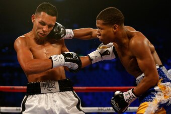LAS VEGAS, NEVADA - APRIL 09:  Devin Haney (R) lands a right at Rafael Vazquez during their super featherweight fight on April 9, 2016 at MGM Grand Garden Arena in Las Vegas, Nevada.  (Photo by Christian Petersen/Getty Images)