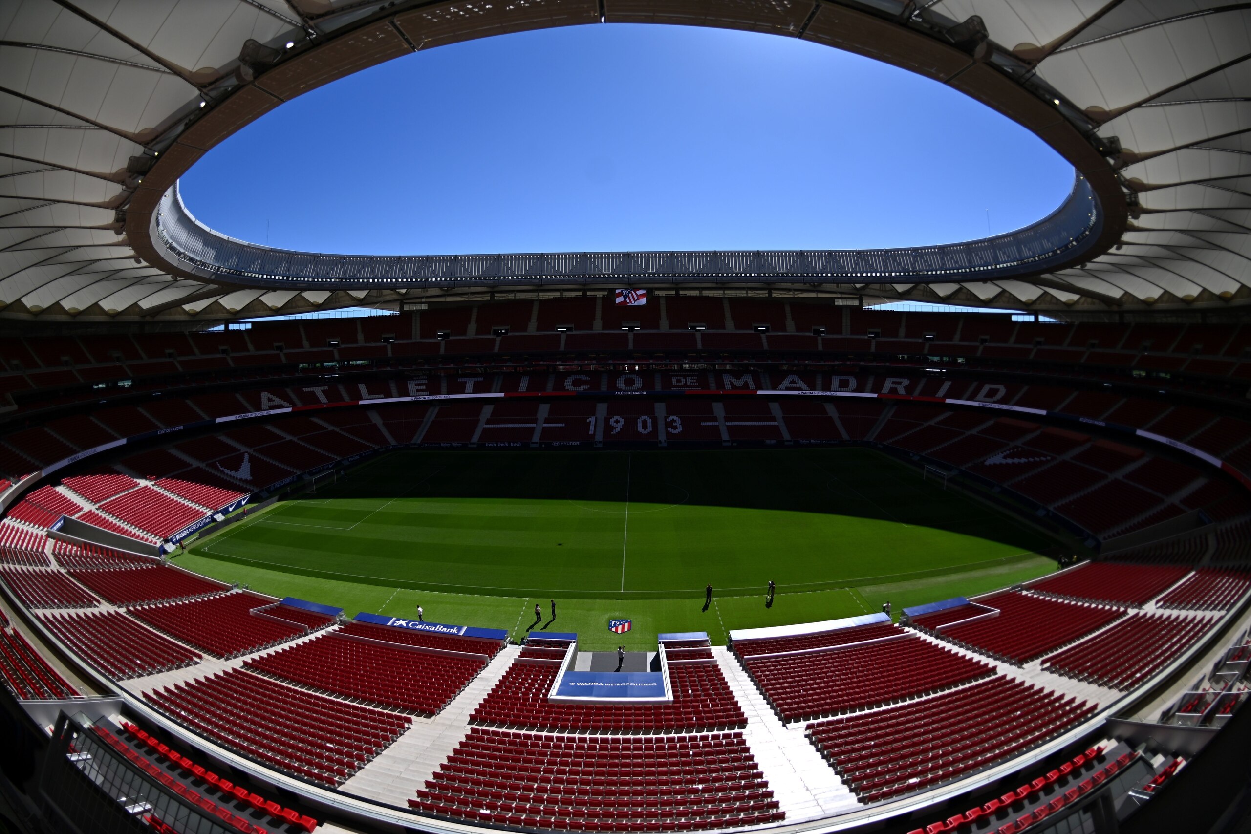 View of the Wanda Metropolitan stadium in Madrid taken on May 13, 2019 during a Media Day ahead of the 2019 UEFA Champions League Final. - The UEFA Champions League Final will be played at the Wanda Metropolitano stadium in Madrid on June 1, 2019, between
