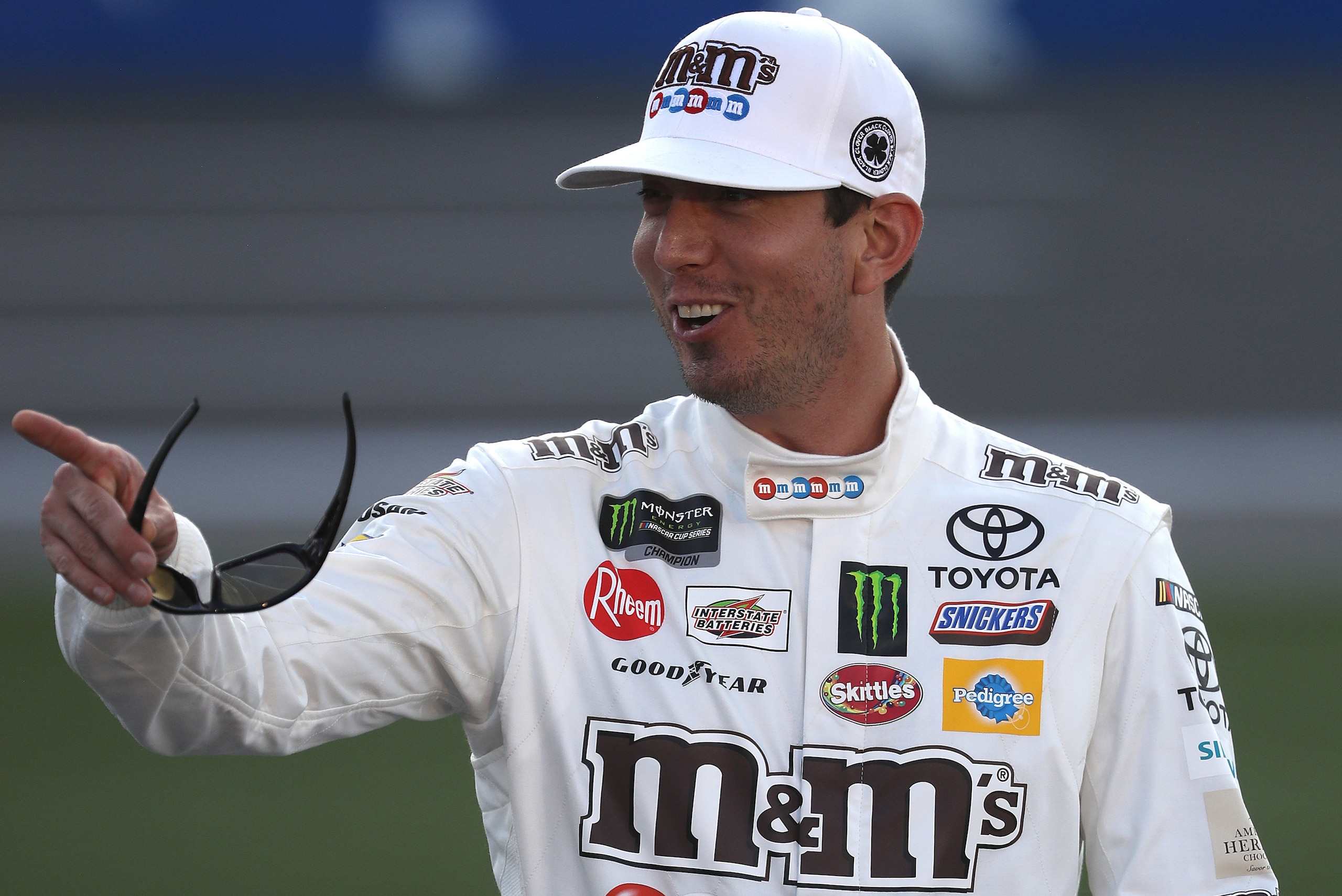 CHARLOTTE, NORTH CAROLINA - MAY 23: Kyle Busch, driver of the #18 M&M's Red White & Blue Toyota, watches on during qualifying for the Monster Energy NASCAR Cup Series Race Coca-Cola 600 at Charlotte Motor Speedway on May 23, 2019 in Charlotte, North Carol