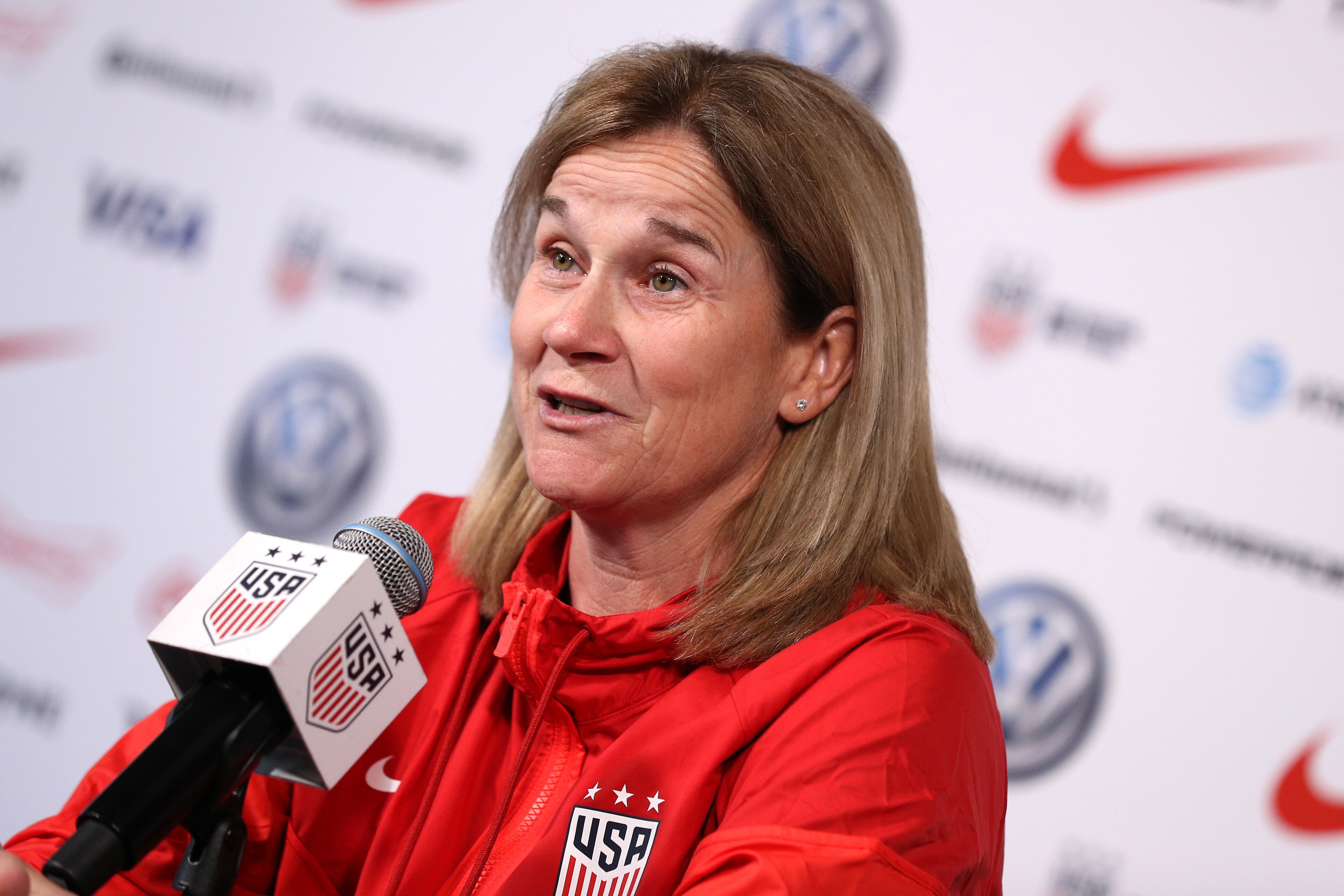 NEW YORK, NEW YORK - MAY 24: Head coach Jill Ellis of the United States speaks during the United States Women's National Team Media Day ahead of the 2019 Women's World Cup at Twitter NYC on May 24, 2019 in New York City. (Photo by Mike Lawrie/Getty Images NEW YORK, NEW YORK - MAY 24: Head coach Jill Ellis of the United States speaks during the United States Women's National Team Media Day ahead of the 2019 Women's World Cup at Twitter NYC on May 24, 2019 in New York City. (Photo by Mike Lawrie/Getty Images