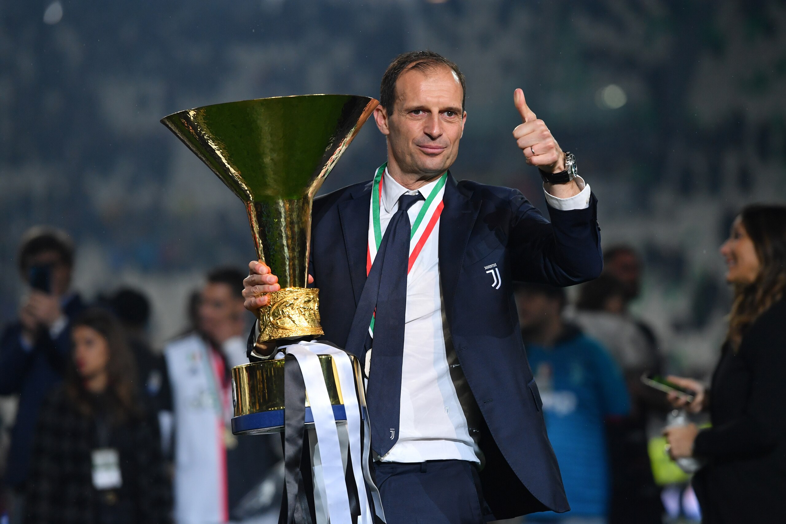 TURIN, ITALY - MAY 19: Head coach Massimiliano Allegri of Juventus celebrates during the awards ceremony after winning the Serie A Championship during the Serie A match between Juventus and Atalanta BC on May 19, 2019 in Turin, Italy. (Photo by Tullio M. 