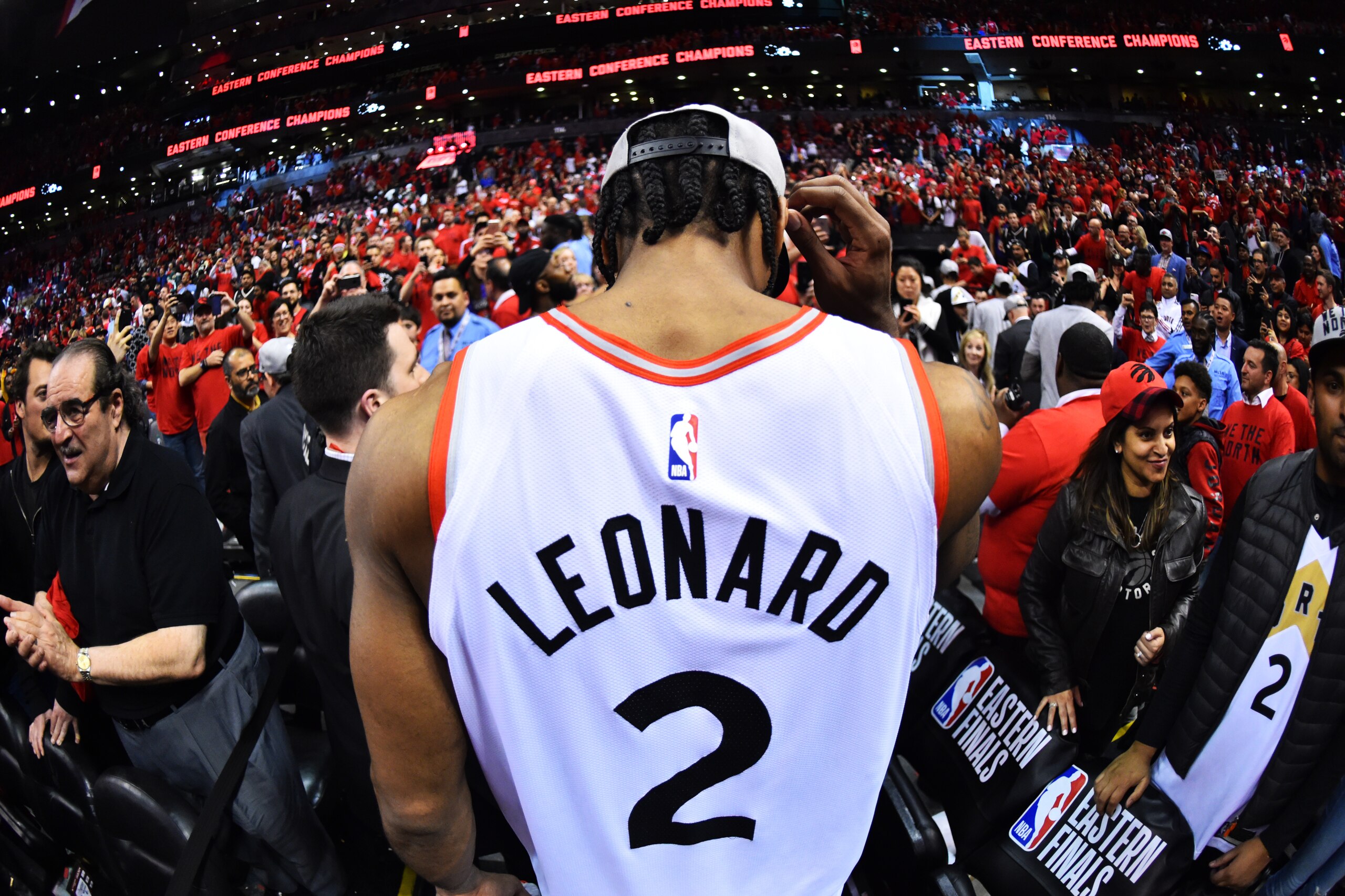 TORONTO, CANADA - MAY 25: Kawhi Leonard #2 of the Toronto Raptors exits the arena after a game against the Milwaukee Bucks after Game Six of the Eastern Conference Finals on May 25, 2019 at Scotiabank Arena in Toronto, Ontario, Canada. NOTE TO USER: User 
