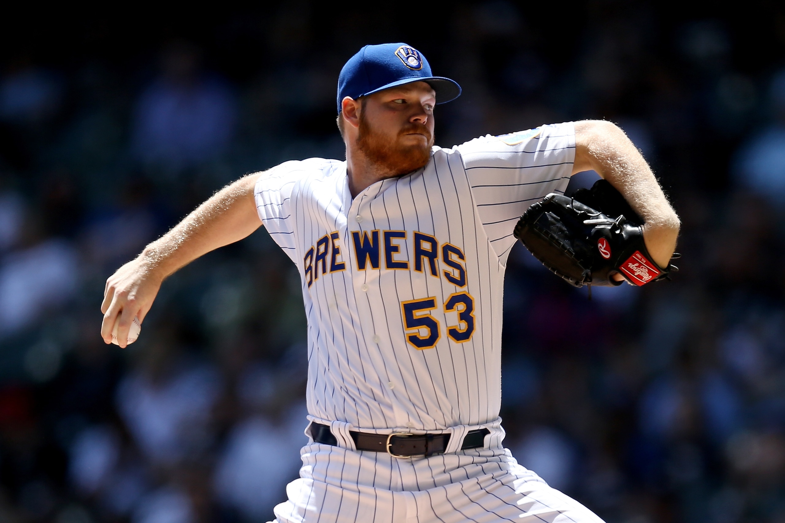 MILWAUKEE, WISCONSIN - MAY 26:  Brandon Woodruff #53 of the Milwaukee Brewers pitches in the first inning against the Philadelphia Phillies at Miller Park on May 26, 2019 in Milwaukee, Wisconsin. (Photo by Dylan Buell/Getty Images)