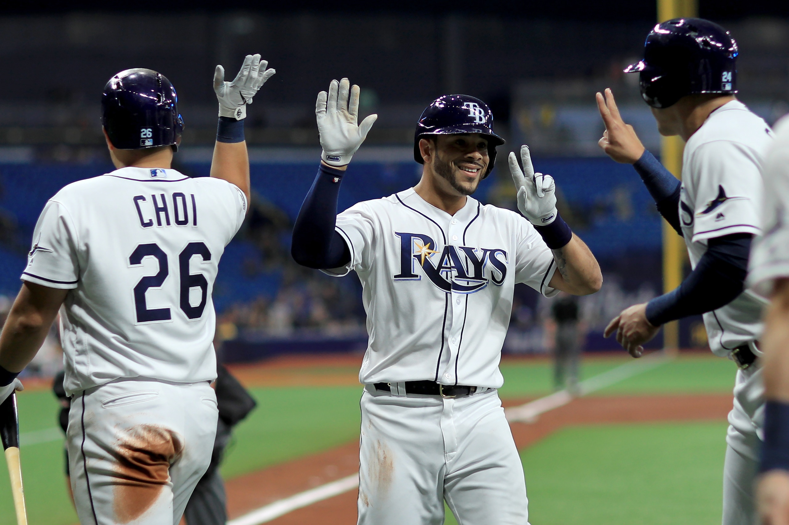 ST PETERSBURG, FLORIDA - MAY 06: Tommy Pham #29 of the Tampa Bay Rays is congratulated after hitting a grand slam in the second inning during a game against the Arizona Diamondbacks at Tropicana Field on May 06, 2019 in St Petersburg, Florida. (Photo by M