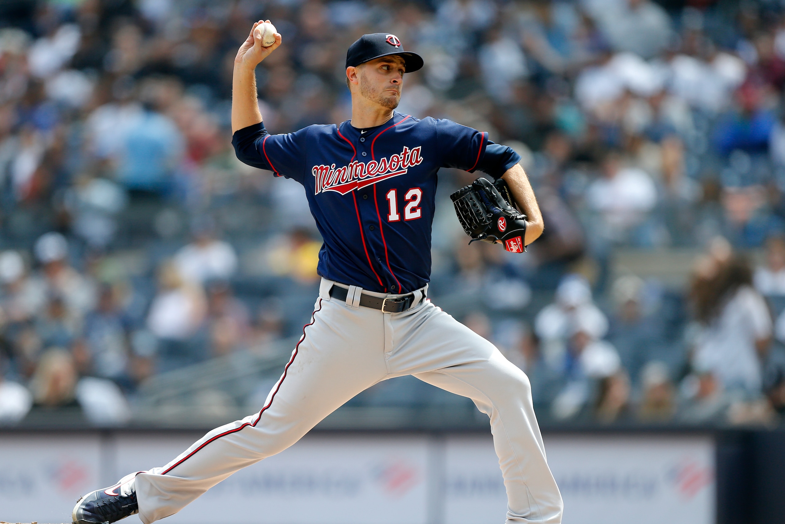 NEW YORK, NEW YORK - MAY 04:   Jake Odorizzi #12 of the Minnesota Twins in action against the New York Yankees at Yankee Stadium on May 04, 2019 in the Bronx borough of New York City. The Twins defeated the Yankees 7-3. (Photo by Jim McIsaac/Getty Images)