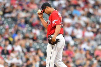 CLEVELAND, OHIO - MAY 25: Starting pitcher Carlos Carrasco #59 of the Cleveland Indians reacts after giving up a two run homer during the fifth inning Tampa Bay Rays at Progressive Field on May 25, 2019 in Cleveland, Ohio. (Photo by Jason Miller/Getty Ima