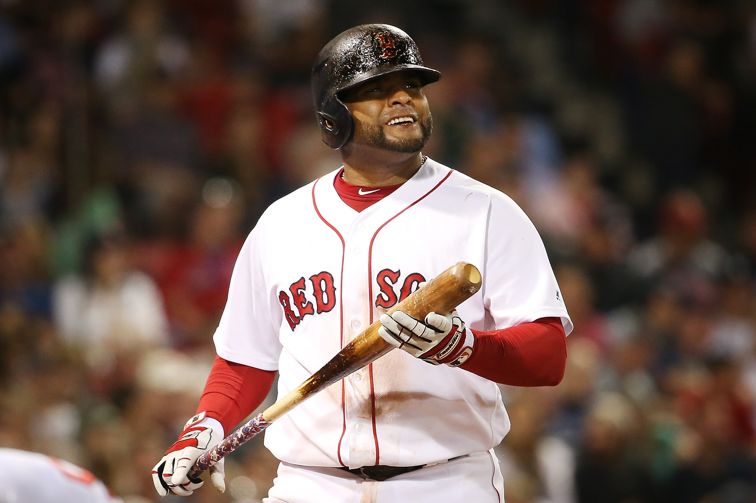 BOSTON, MA - JUNE 09:  Pablo Sandoval #48 of the Boston Red Sox reacts in the seventh inning of a game against the Detroit Tigers at Fenway Park on June 9, 2017 in Boston, Massachusetts.  (Photo by Adam Glanzman/Getty Images)