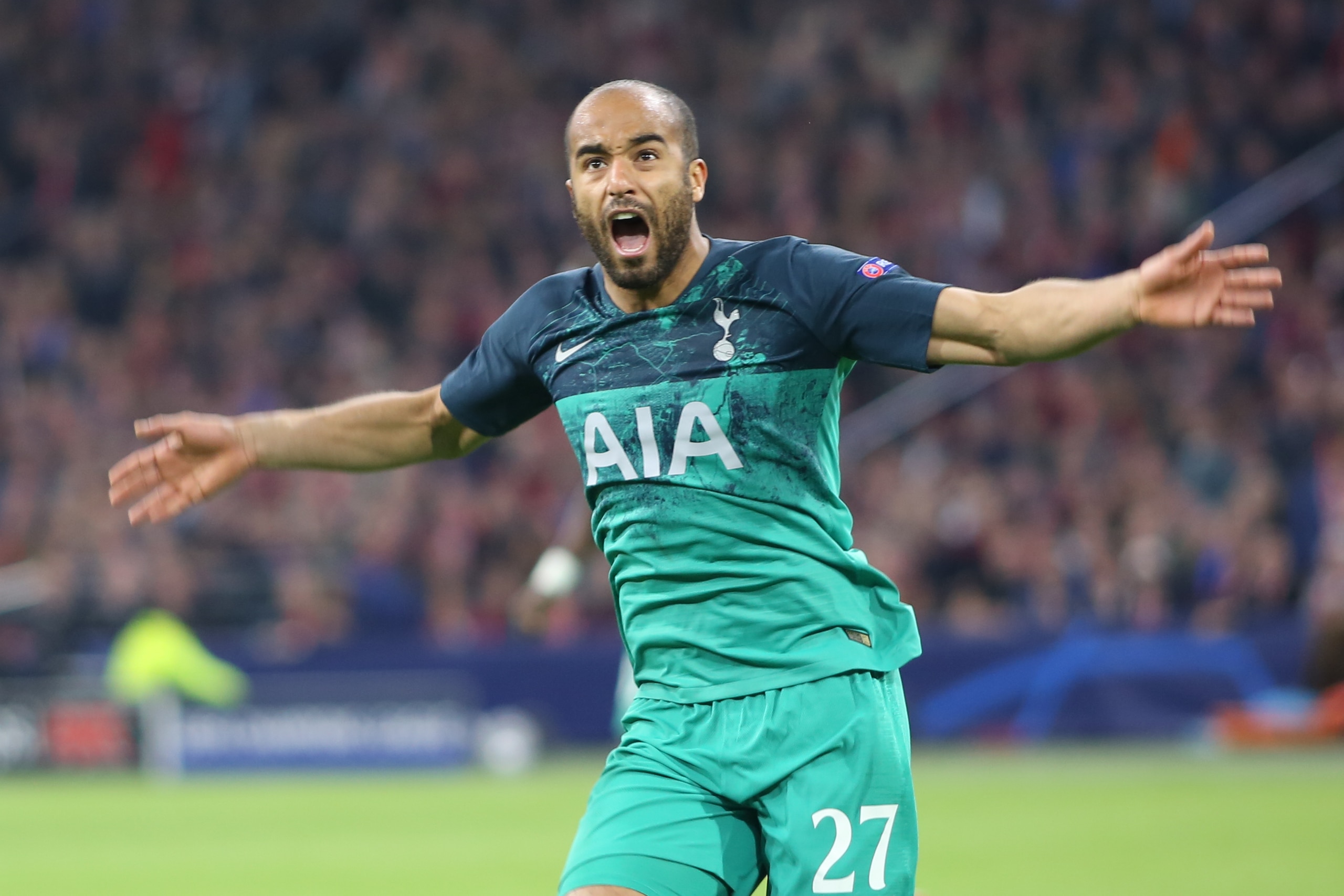 AMSTERDAM, NETHERLANDS - MAY 08: Lucas Moura of Tottenham Hotspur celebrates after scoring his team's second goal during the UEFA Champions League Semi Final second leg match between Ajax and Tottenham Hotspur at the Johan Cruyff Arena on May 8, 2019 in A