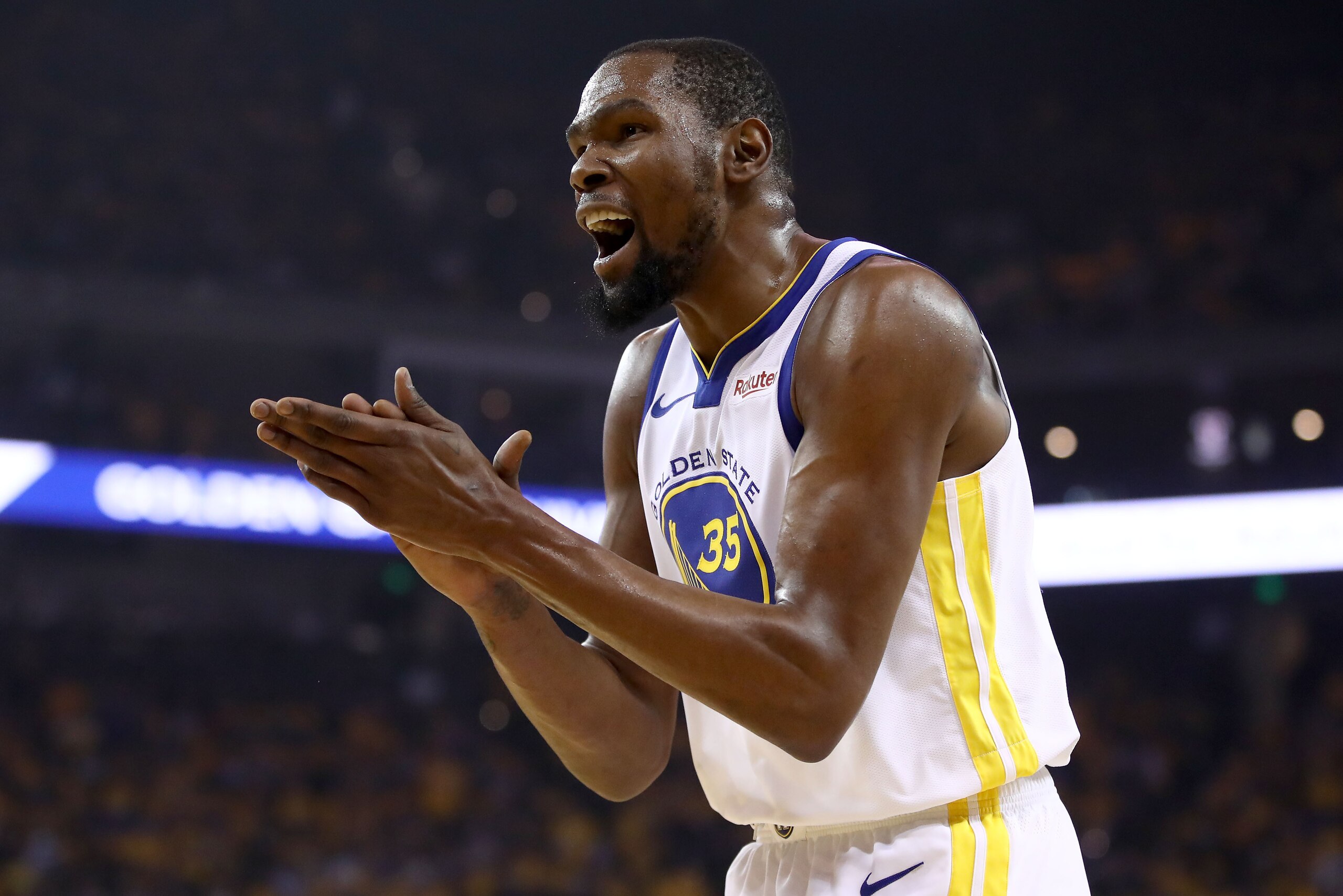 OAKLAND, CALIFORNIA - MAY 08: Kevin Durant #35 of the Golden State Warriors reacts during their game against the Houston Rockets in Game Five of the Western Conference Semifinals of the 2019 NBA Playoffs at ORACLE Arena on May 08, 2019 in Oakland, Calif OAKLAND, CALIFORNIA - MAY 08: Kevin Durant #35 of the Golden State Warriors reacts during their game against the Houston Rockets in Game Five of the Western Conference Semifinals of the 2019 NBA Playoffs at ORACLE Arena on May 08, 2019 in Oakland, Calif