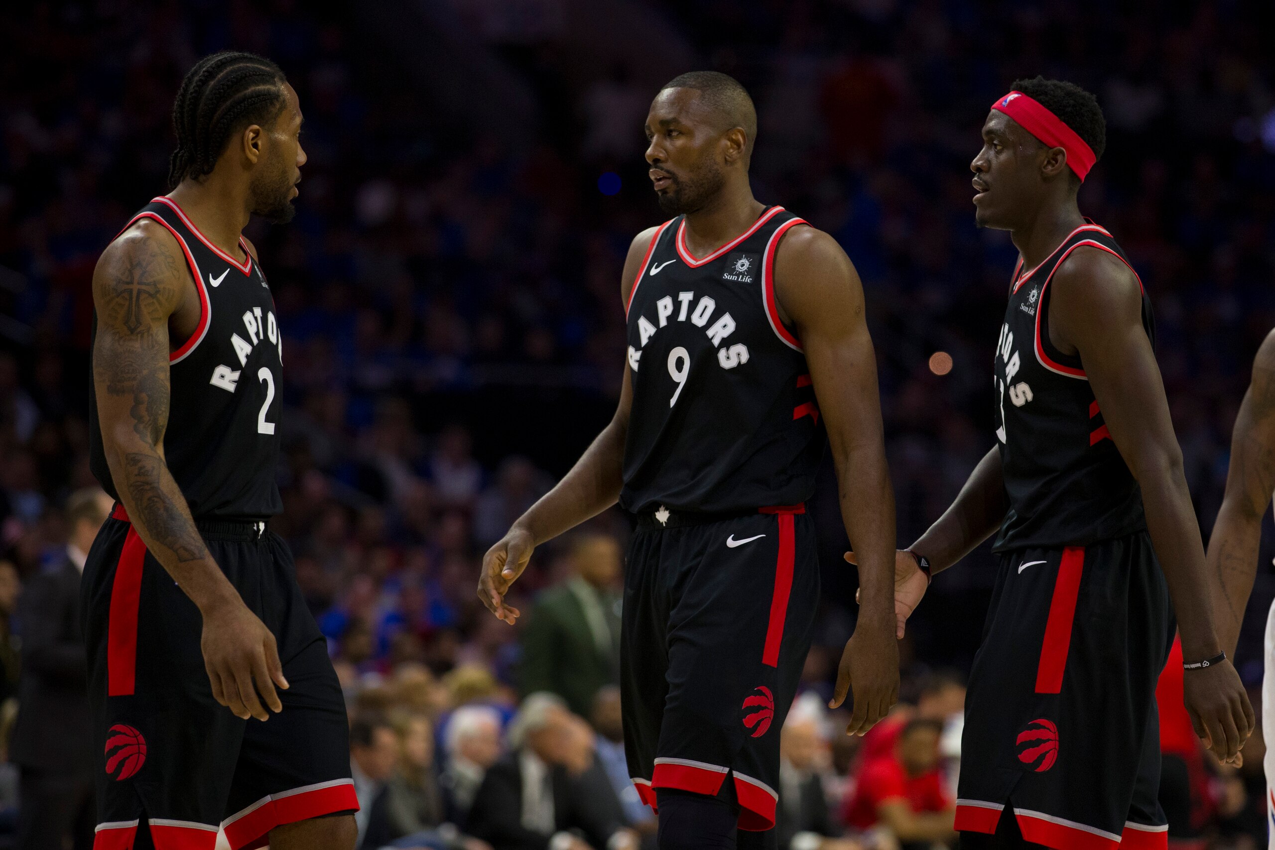 PHILADELPHIA, PA - MAY 02: Kawhi Leonard #2, Serge Ibaka #9, and Pascal Siakam #43 of the Toronto Raptors in action against the Philadelphia 76ers in Game Three of the Eastern Conference Semifinals at the Wells Fargo Center on May 2, 2019 in Philadelphia, PHILADELPHIA, PA - MAY 02: Kawhi Leonard #2, Serge Ibaka #9, and Pascal Siakam #43 of the Toronto Raptors in action against the Philadelphia 76ers in Game Three of the Eastern Conference Semifinals at the Wells Fargo Center on May 2, 2019 in Philadelphia,