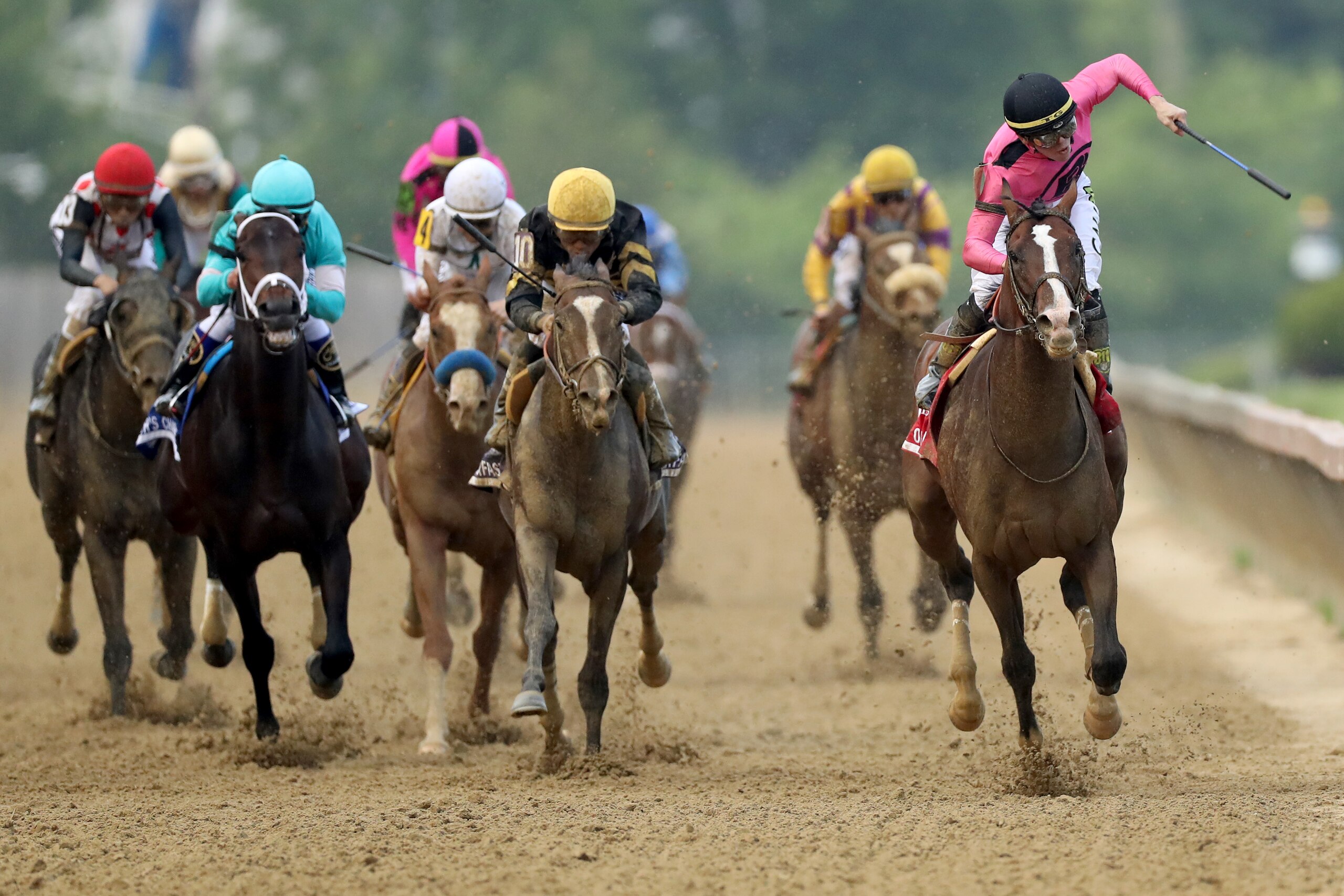 BALTIMORE, MARYLAND - MAY 18: Jockey Tyler Gaffalione celebrates after crossing the finish line on War of Will #8 to win the 144th Running of the Preakness Stakes at Pimlico Race Course on May 18, 2019 in Baltimore, Maryland. (Photo by Rob Carr/Getty Imag