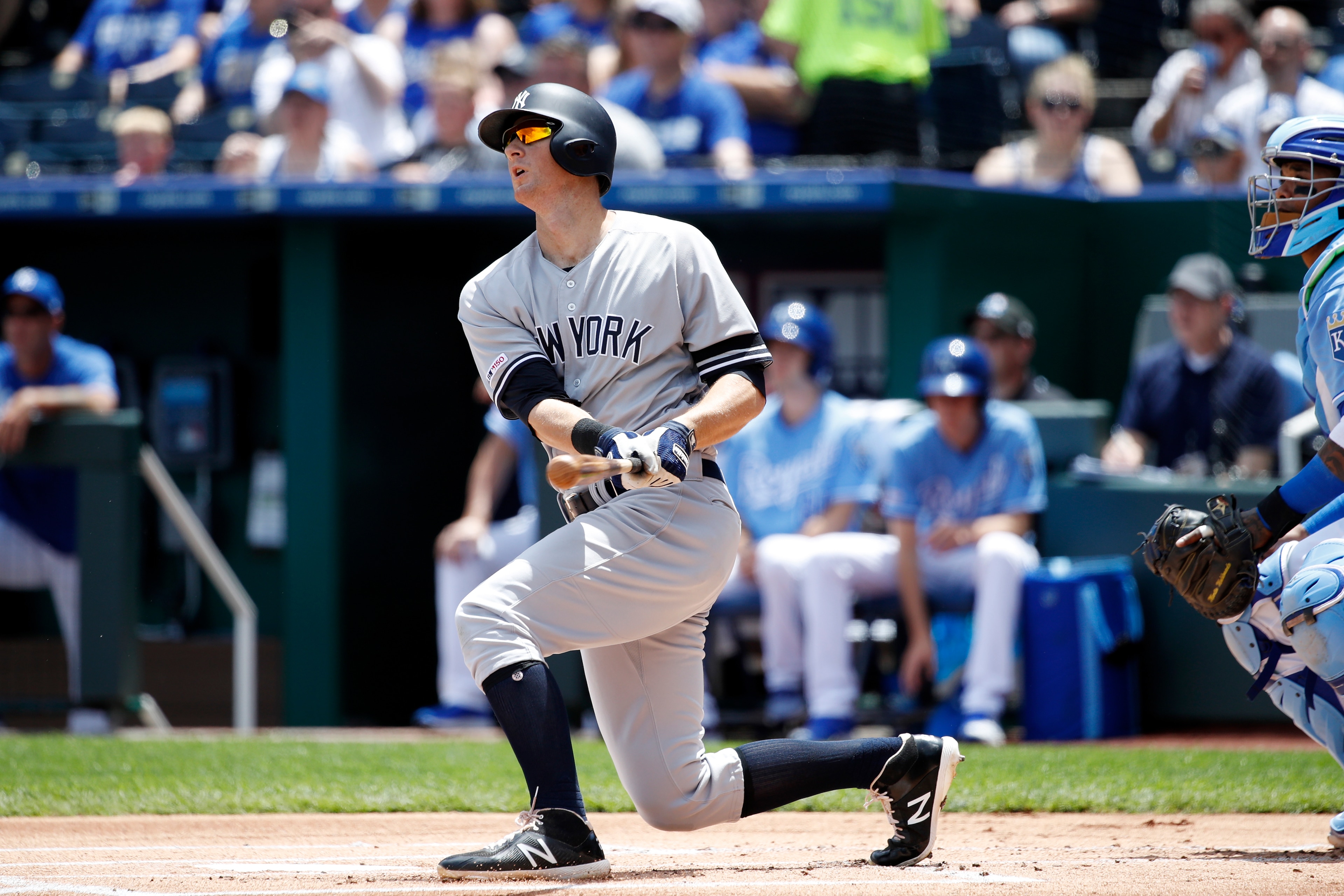 KANSAS CITY, MO - MAY 26: DJ LeMahieu #26 of the New York Yankees bats during a game against the Kansas City Royals at Kauffman Stadium on May 26, 2019 in Kansas City, Missouri. The Royals won 8-7 in ten innings. (Photo by Joe Robbins/Getty Images)