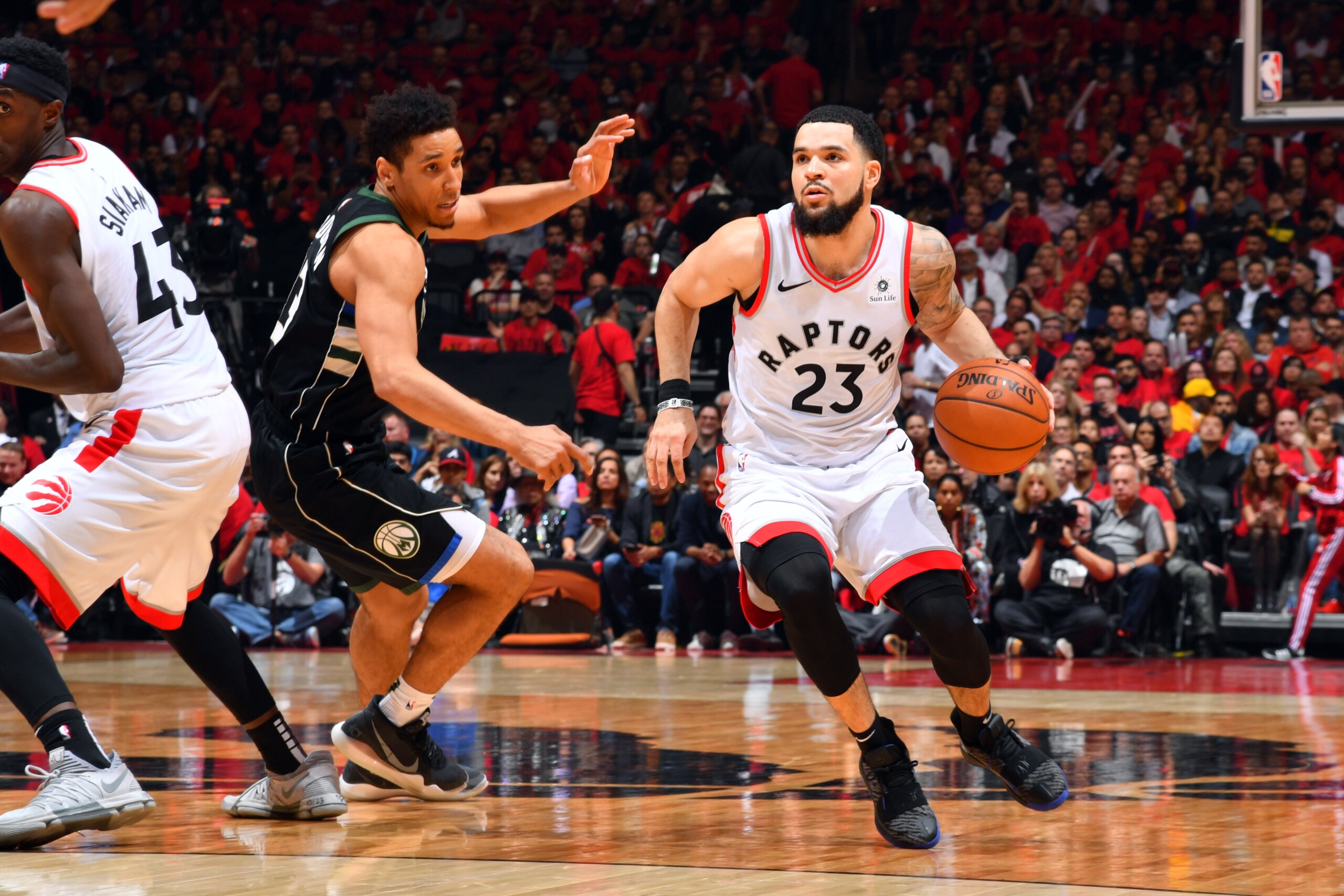 TORONTO, CANADA - MAY 25: Fred VanVleet #23 of the Toronto Raptors handles the ball against the Milwaukee Bucks during Game Six of the Eastern Conference Finals on May 25, 2019 at Scotiabank Arena in Toronto, Ontario, Canada. NOTE TO USER: User expressly 