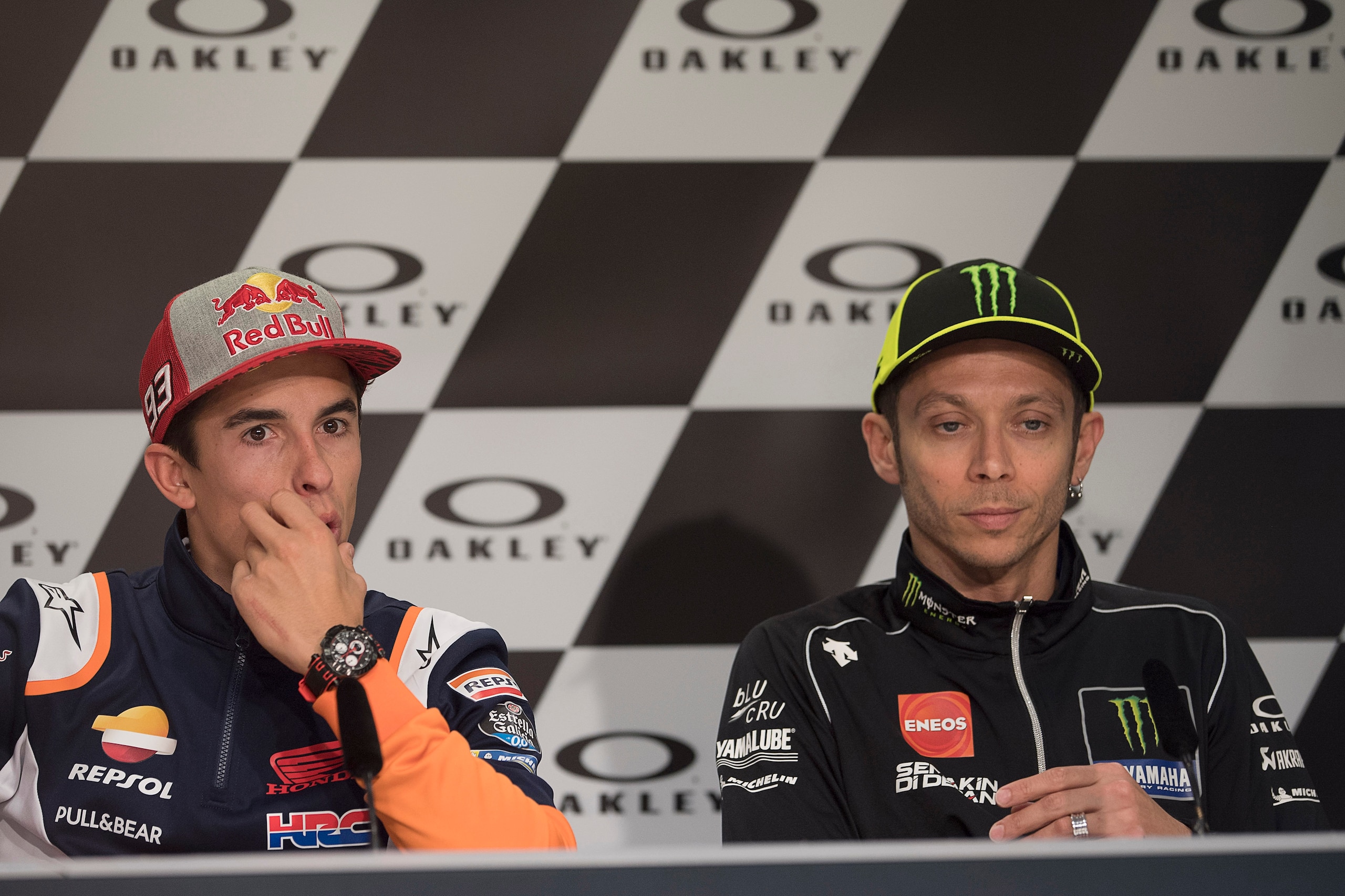 SCARPERIA, ITALY - MAY 30: Valentino Rossi of Italy and Yamaha Factory Racing (L) and  Marc Marquez of Spain and Repsol Honda Team  look on during the press conference pre-event during the MotoGp of Italy - Previews at Mugello Circuit on May 30, 2019 in S
