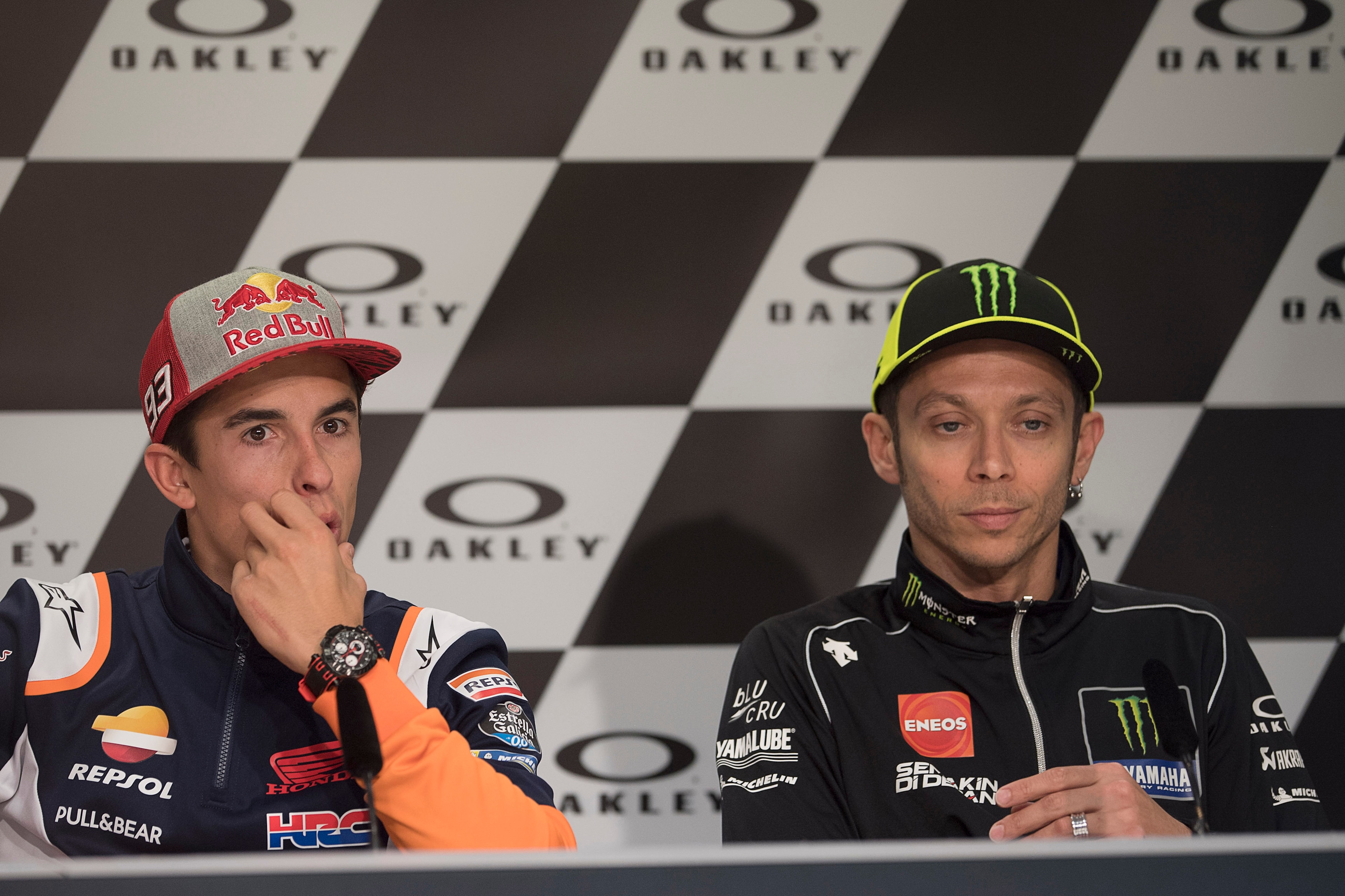 SCARPERIA, ITALY - MAY 30: Valentino Rossi of Italy and Yamaha Factory Racing (L) and  Marc Marquez of Spain and Repsol Honda Team  look on during the press conference pre-event during the MotoGp of Italy - Previews at Mugello Circuit on May 30, 2019 in S