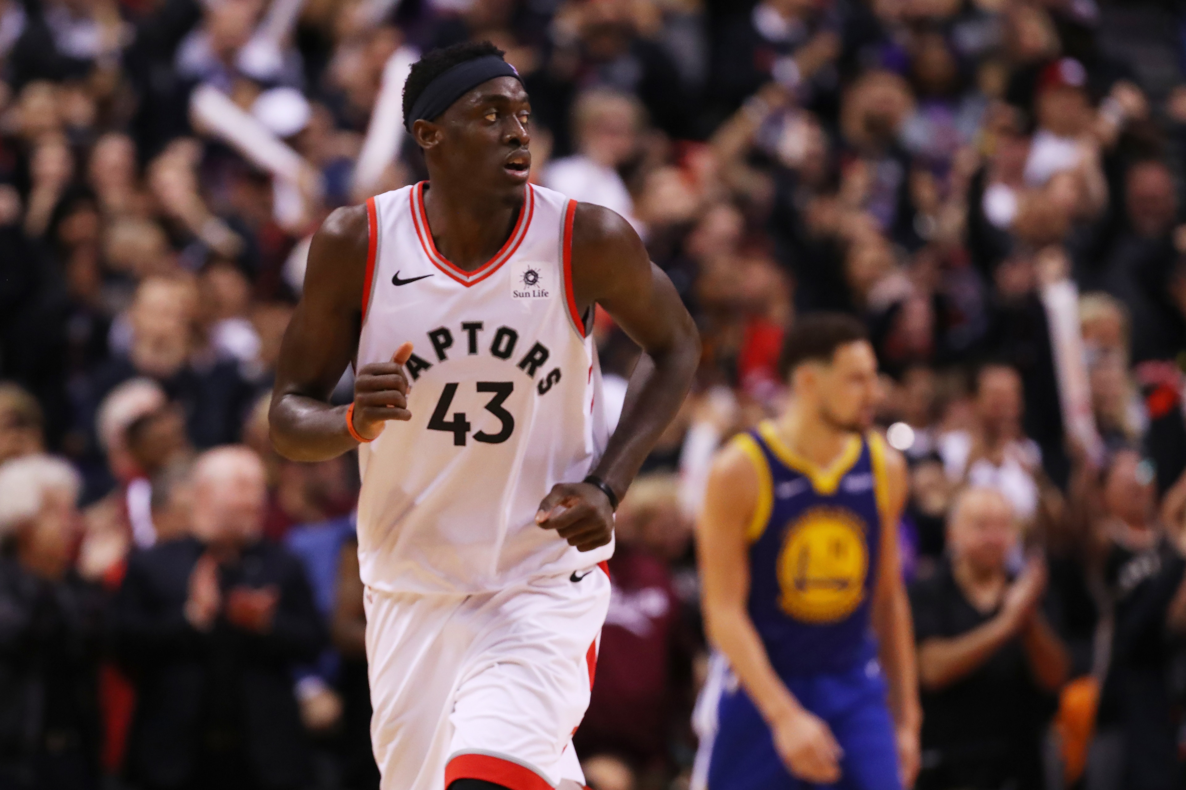 TORONTO, ONTARIO - MAY 30:  Pascal Siakam #43 of the Toronto Raptors reacts to his teams lead against the Golden State Warriors in the fourth quarter during Game One of the 2019 NBA Finals at Scotiabank Arena on May 30, 2019 in Toronto, Canada. NOTE TO US