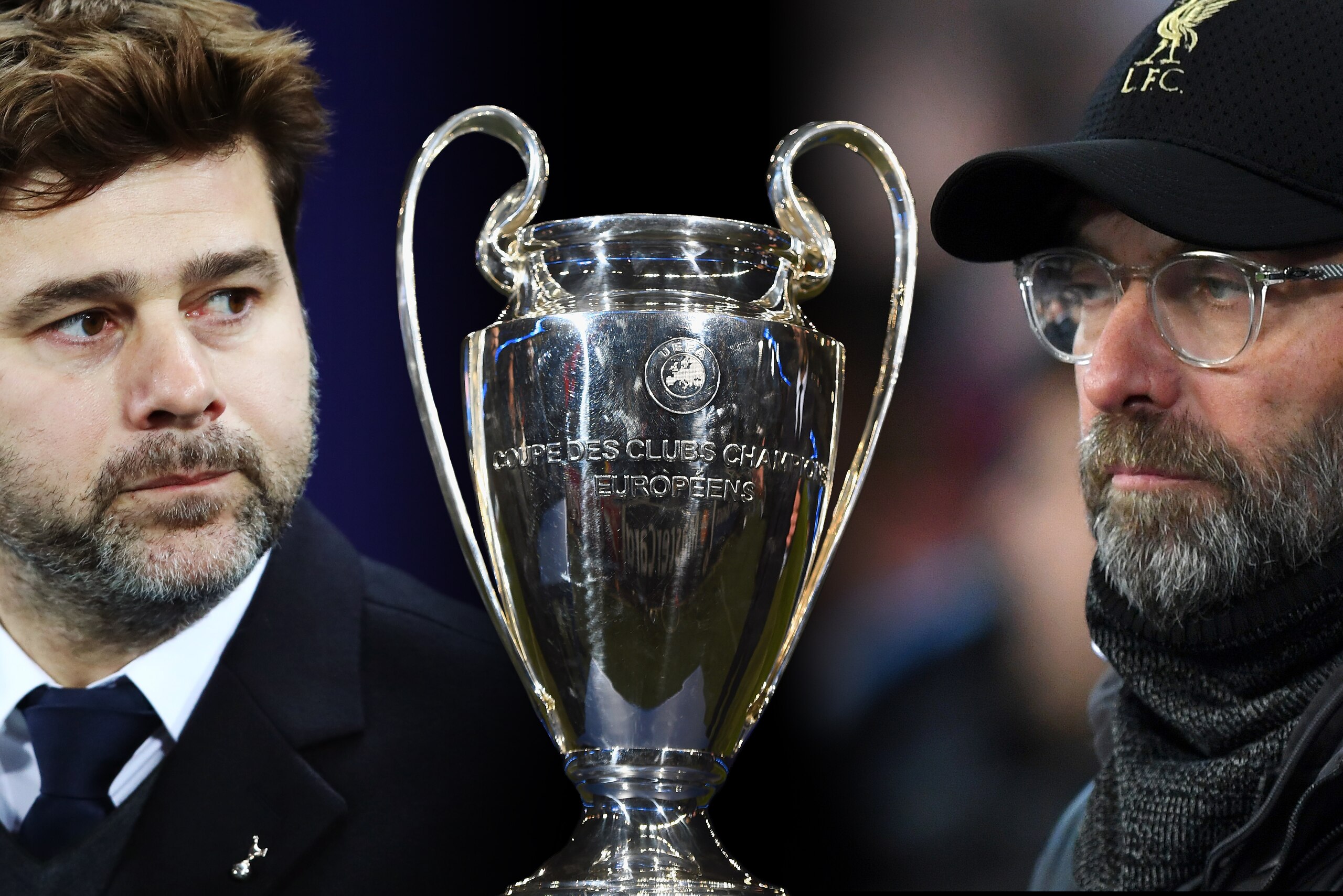 FILE PHOTO (EDITORS NOTE: COMPOSITE OF IMAGES - Image numbers 887122058,464313758,1076708990 - GRADIENT ADDED) In this composite image a comparison has been made between Mauricio Pochettino, Manager of Tottenham Hotspur (L) and Jurgen Klopp, Manager of Li