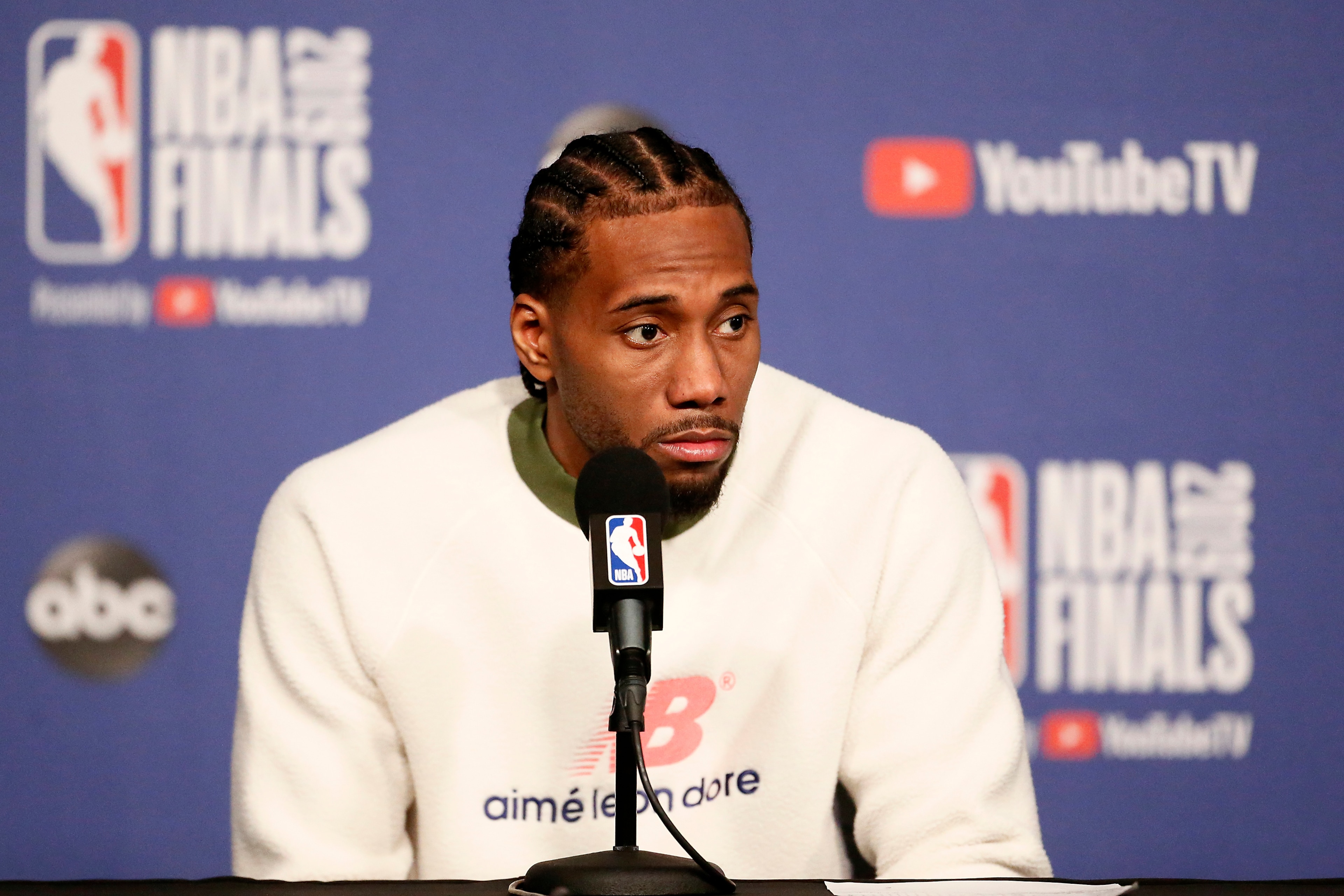 TORONTO, CANADA - MAY 30: Kawhi Leonard #2 of the Toronto Raptors speaks to the media following Game One of the NBA Finals against the Golden State Warriors on May 30, 2019 at Scotiabank Arena in Toronto, Ontario, Canada. NOTE TO USER: User expressly ackn