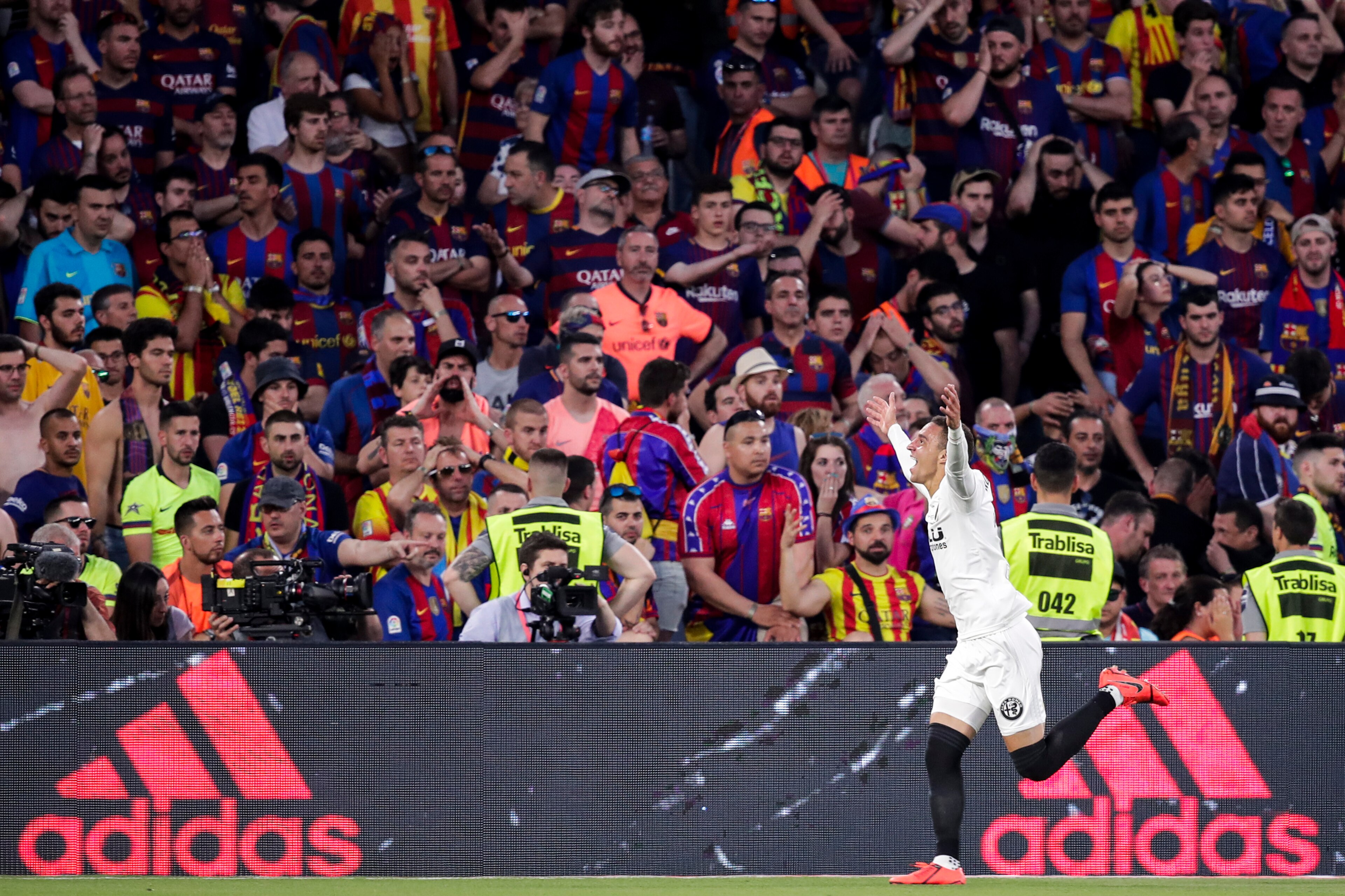 SEVILLIA, SPAIN - MAY 25: Rodrigo of Valencia CF celebrates goal 0-2 during the Spanish Copa del Rey  match between FC Barcelona v Valencia at the Benito Villamarin Stadium on May 25, 2019 in Sevillia Spain (Photo by David S. Bustamante/Soccrates/Getty Im