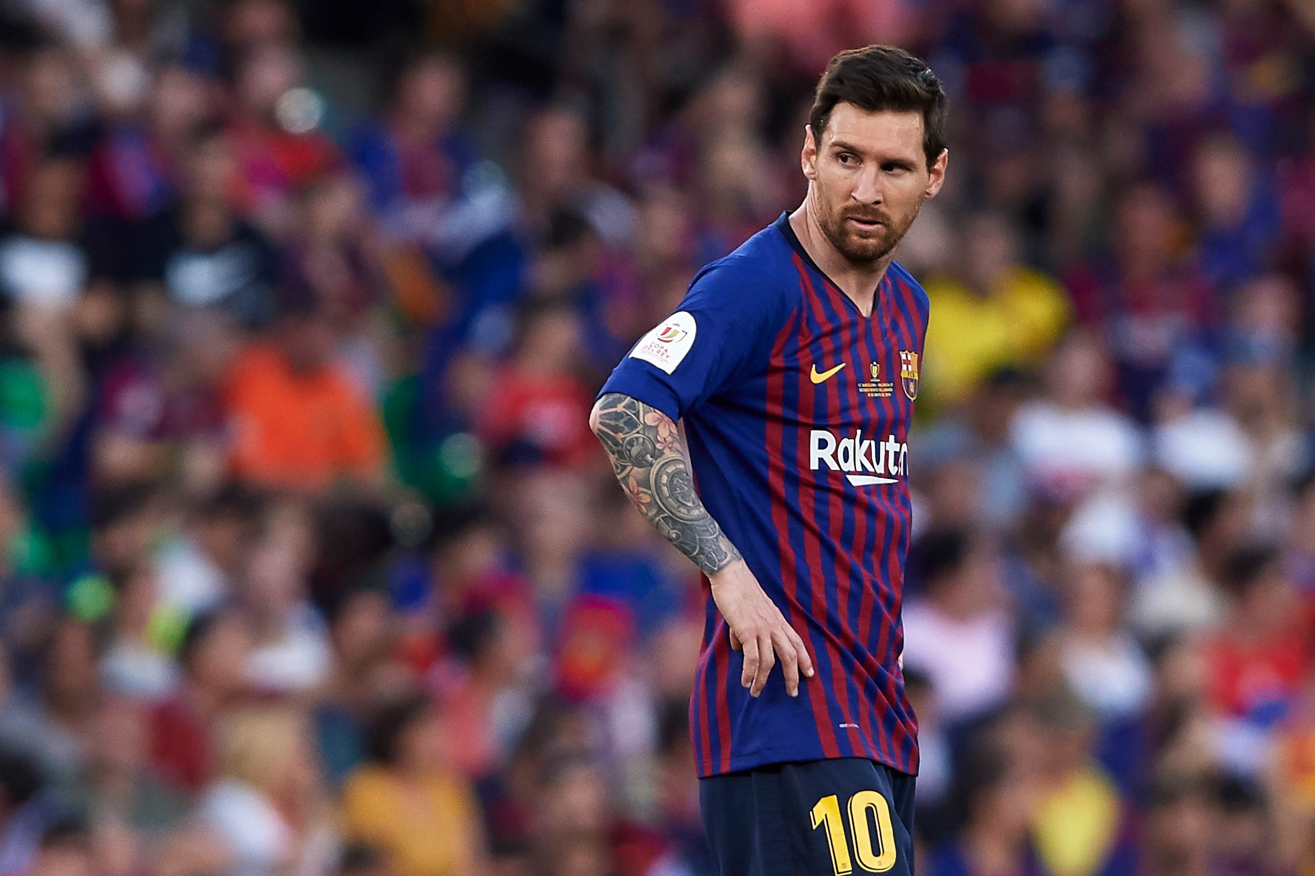 SEVILLE, SPAIN - MAY 25: Lionel Messi of FC Barcelona looks on during the Spanish Copa del Rey Final match between Barcelona and Valencia at Estadio Benito Villamarin on May 25, 2019 in Seville, Spain. (Photo by Quality Sport Images/Getty Images)