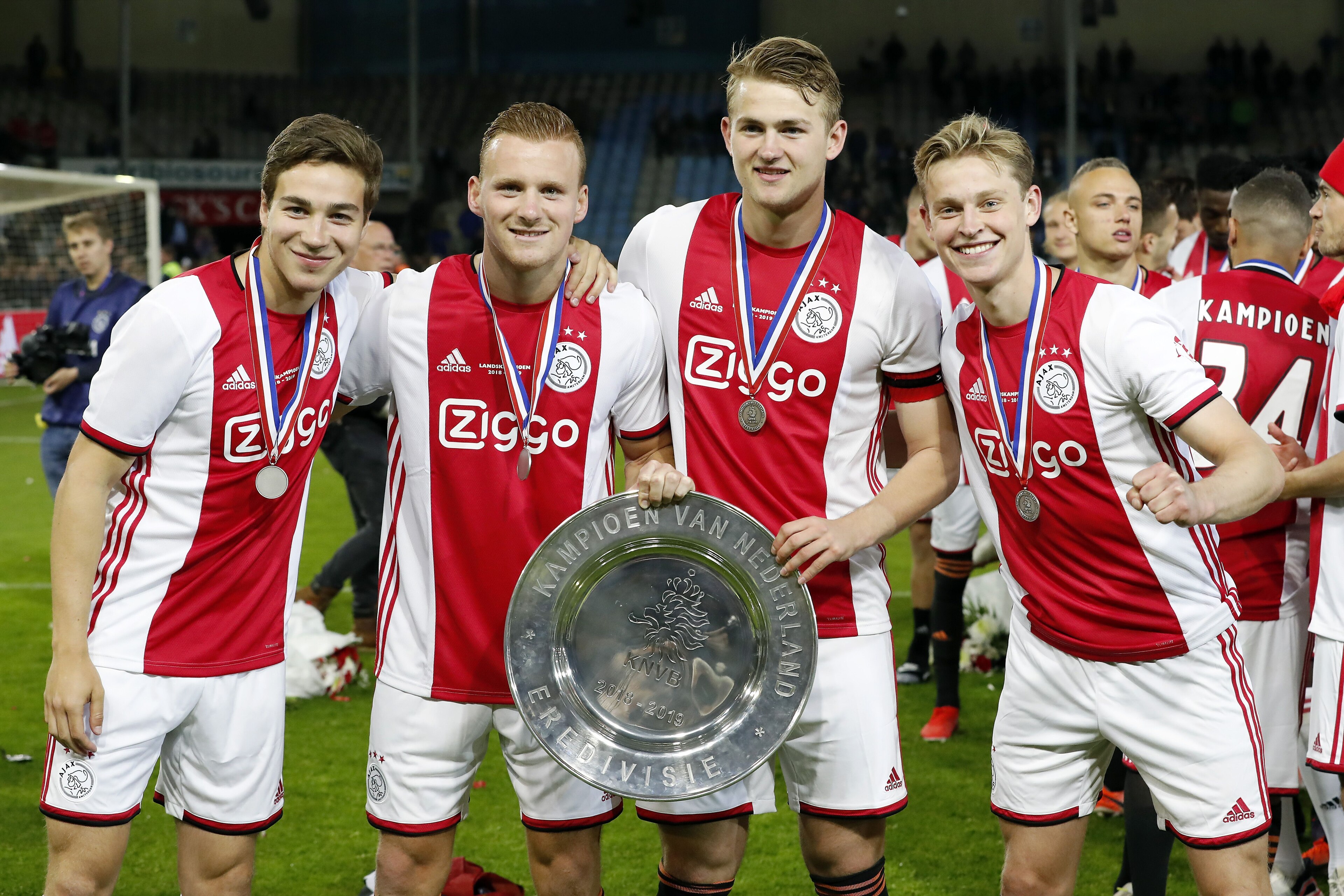 (L-R) Carel Eiting of Ajax, Dani de Wit of Ajax, Matthijs de Ligt of Ajax, Frenkie de Jong of Ajax during the Dutch Eredivisie match between De Graafschap Doetinchem and Ajax Amsterdam at De Vijverberg stadium on May 15, 2019 in Doetinchem, The Netherland