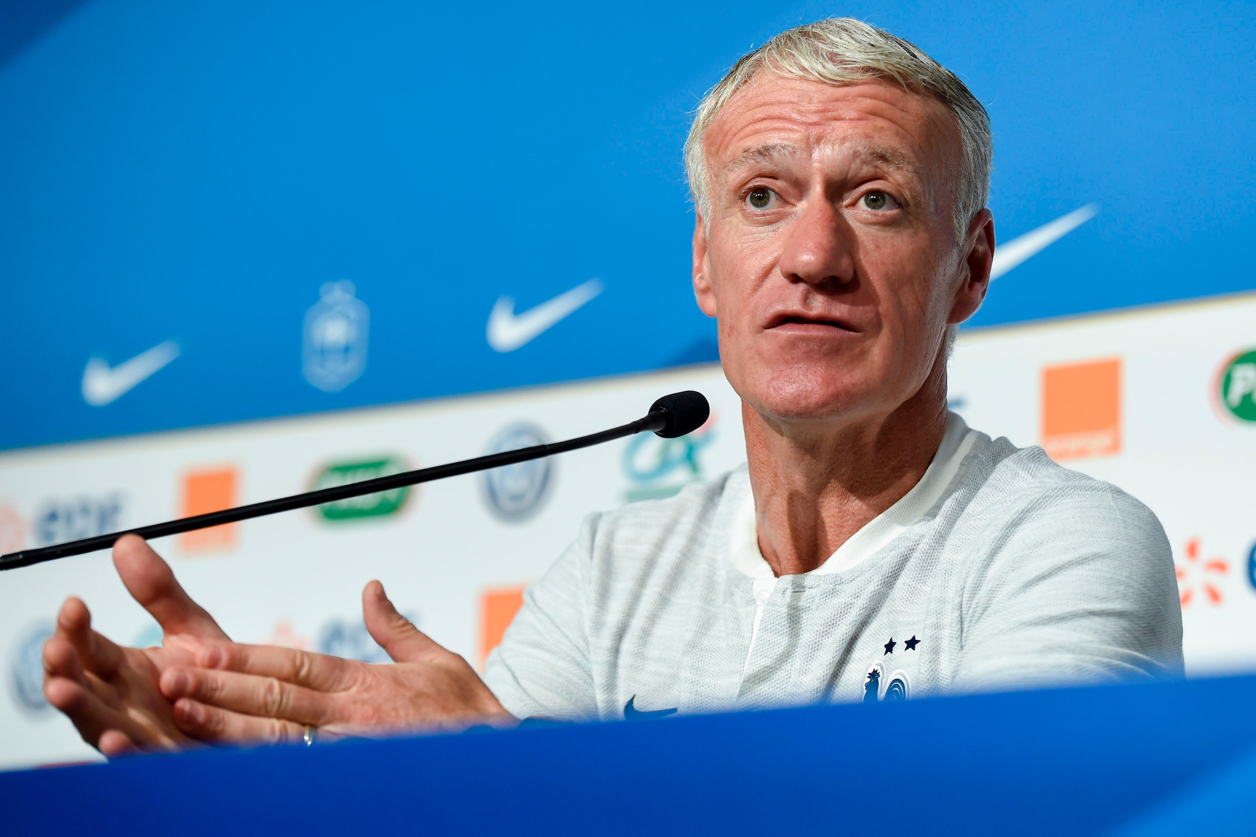 France's head coach Didier Deschamps gestures during a press conference on June 1, 2019 at La Beaujoire stadium in Nantes western France, on the eve of the friendly football match between France and Bolivia. (Photo by Sebastien SALOM-GOMIS / AFP)        (