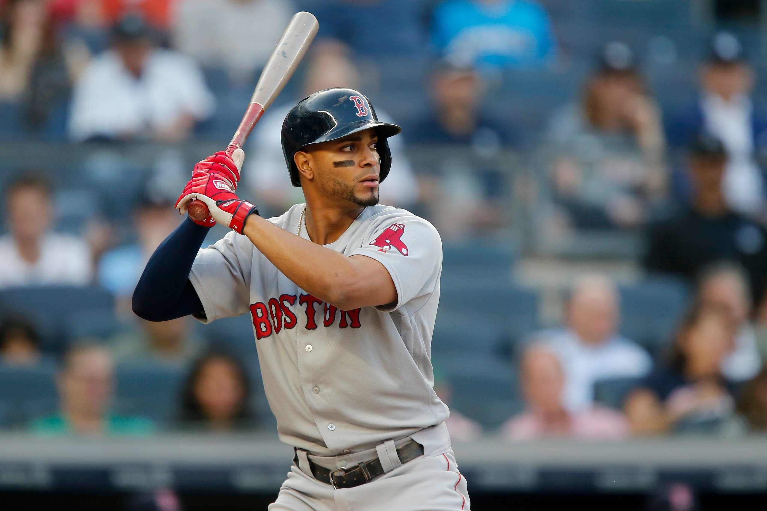 NEW YORK, NEW YORK - MAY 31:   Xander Bogaerts #2 of the Boston Red Sox in action against the New York Yankees at Yankee Stadium on May 31, 2019 in New York City. The Yankees defeated the Red Sox 4-1. (Photo by Jim McIsaac/Getty Images)