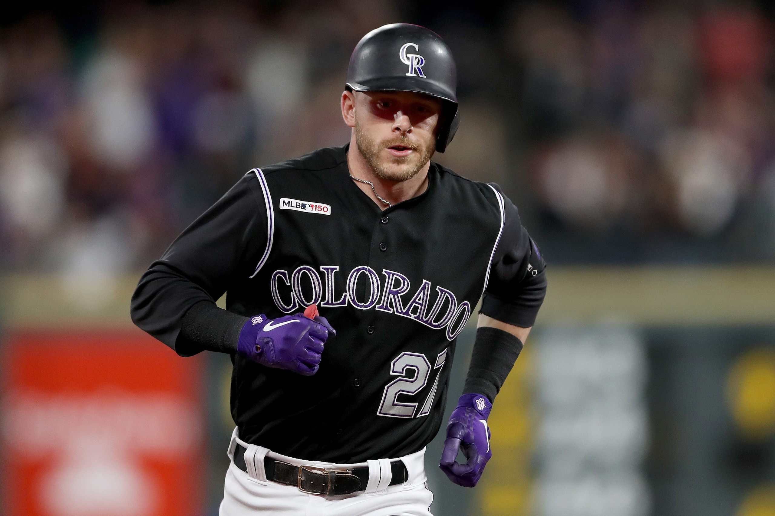 DENVER, COLORADO - MAY 31: Trevor Story #27 of the Colorado Rockies circle the bases after hitting a 2 RBI home run in the seventh inning against the Toronto Blue Jays at Coors Field on May 31, 2019 in Denver, Colorado. (Photo by Matthew Stockman/Getty Im
