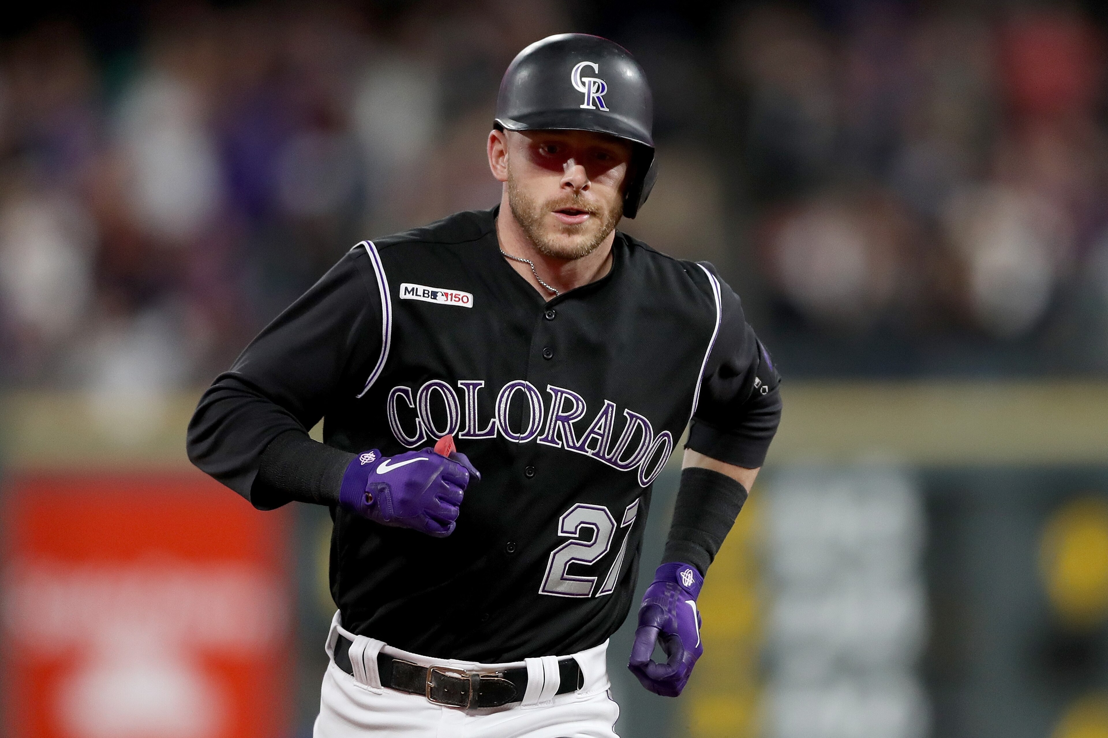DENVER, COLORADO - MAY 31: Trevor Story #27 of the Colorado Rockies circle the bases after hitting a 2 RBI home run in the seventh inning against the Toronto Blue Jays at Coors Field on May 31, 2019 in Denver, Colorado. (Photo by Matthew Stockman/Getty Im