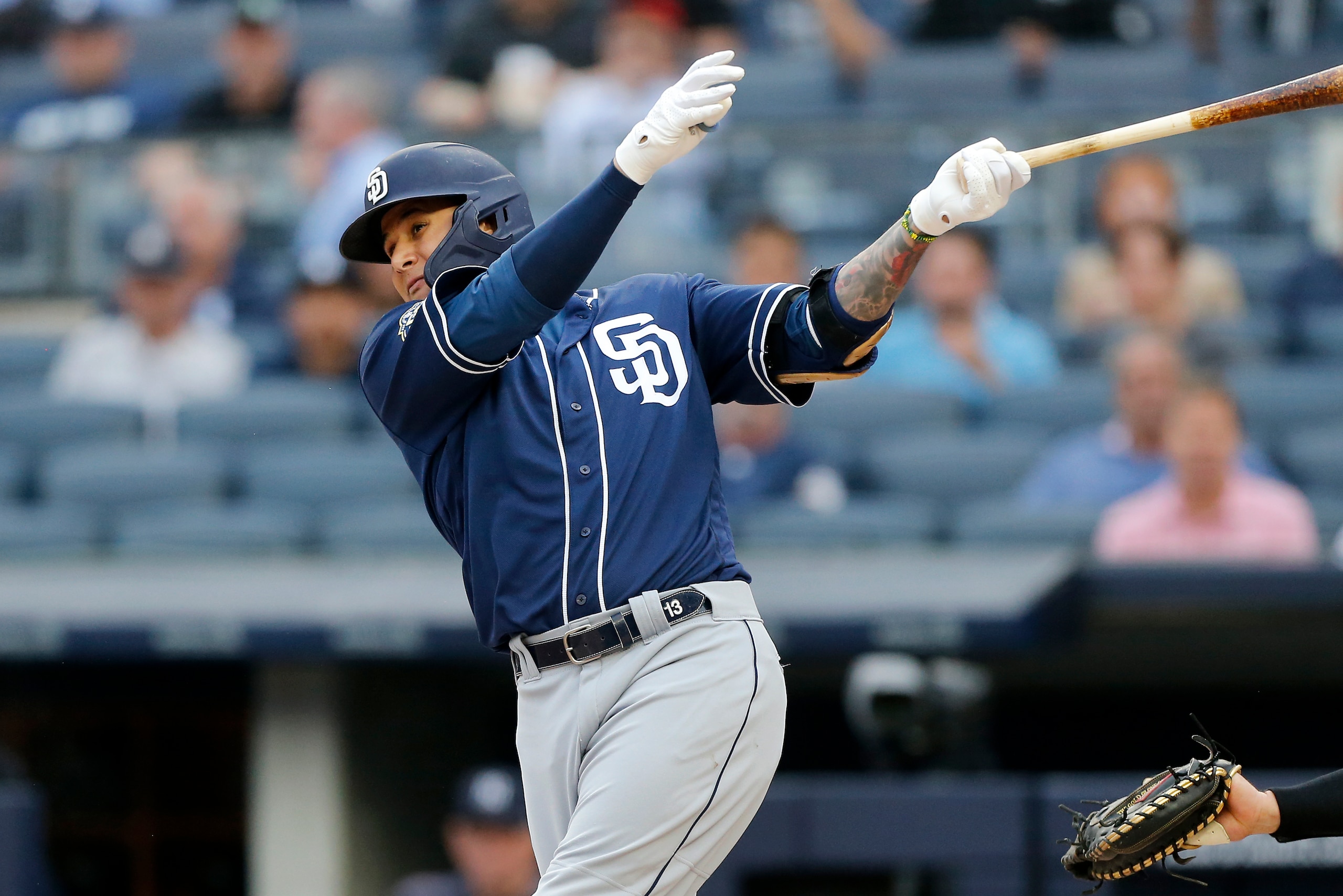 NEW YORK, NEW YORK - MAY 28:   Manny Machado #13 of the San Diego Padres in action against the New York Yankees at Yankee Stadium on May 28, 2019 in New York City.  The Padres defeated the Yankees 5-4. (Photo by Jim McIsaac/Getty Images)