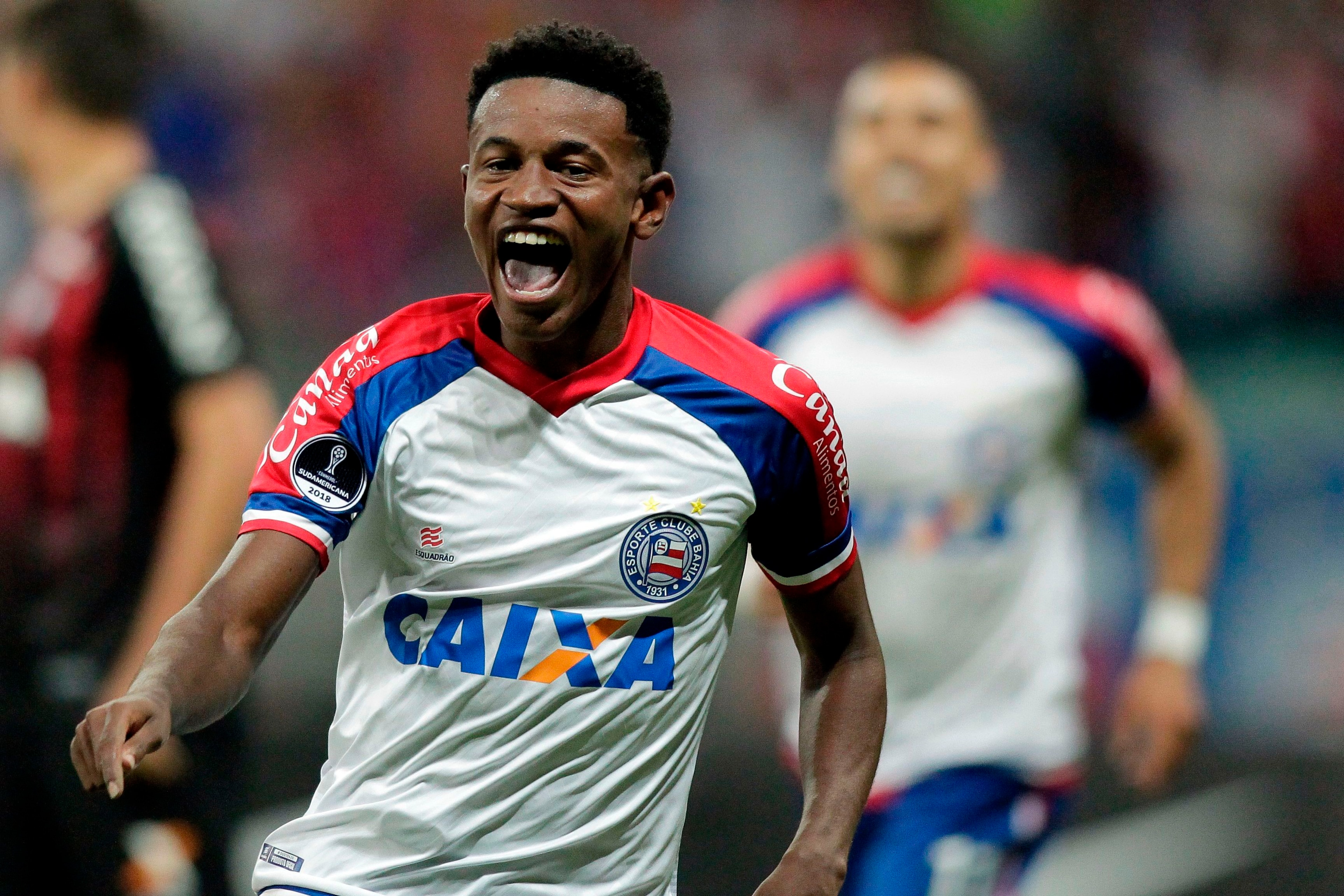 Brazil's Bahia Ramires celebrates a goal which was later cancelled by the VAR during their Copa Sudamericana football match against Brazil's Atletico Paranaense at Arena Fonte Nova stadium, in Salvador, Brazil on October 24, 2018. (Photo by Arisson MARINH