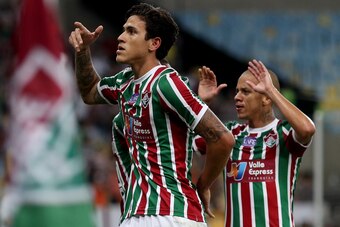 RIO DE JANEIRO, BRAZIL - AUGUST 05: Pedro (F) of Fluminense celebrates a scored goal against Bahia during a match between Fluminense and Bahia as part of Brasileirao Series A 2018 at Maracana Stadium on August 05, 2018 in Rio de Janeiro, Brazil. (Photo by