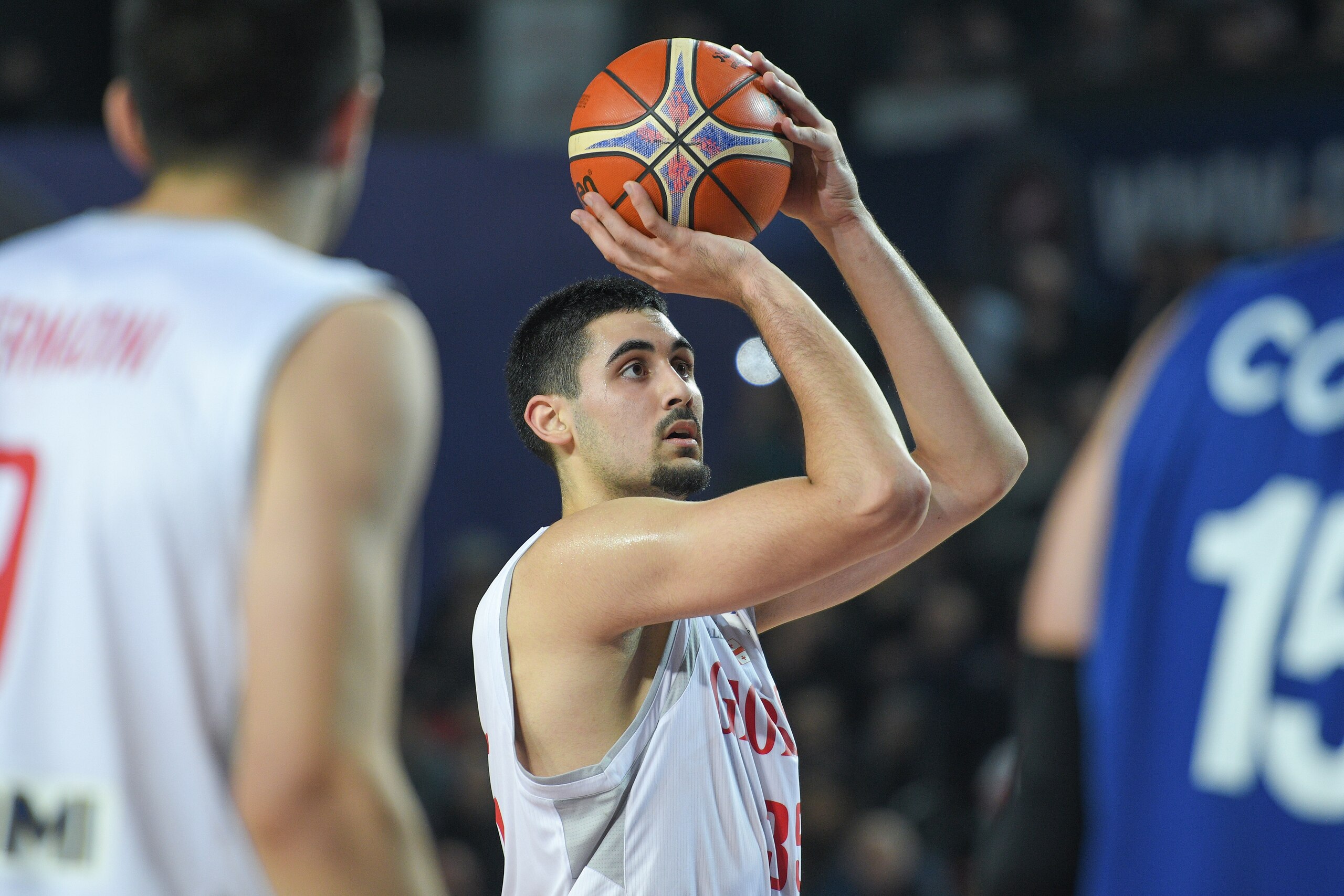 TBILISI, GEORGIA - DECEMBER 03: Goga Bitadze of Georgia shoots the ball during the FIBA Basketball World Cup 2019 European Qualifier match between Georgia and Israel at Tbilisi Sports Palace on December 3, 2018 in Tbilisi, Georgia. (Photo by Levan Verdzeu TBILISI, GEORGIA - DECEMBER 03: Goga Bitadze of Georgia shoots the ball during the FIBA Basketball World Cup 2019 European Qualifier match between Georgia and Israel at Tbilisi Sports Palace on December 3, 2018 in Tbilisi, Georgia. (Photo by Levan Verdzeu