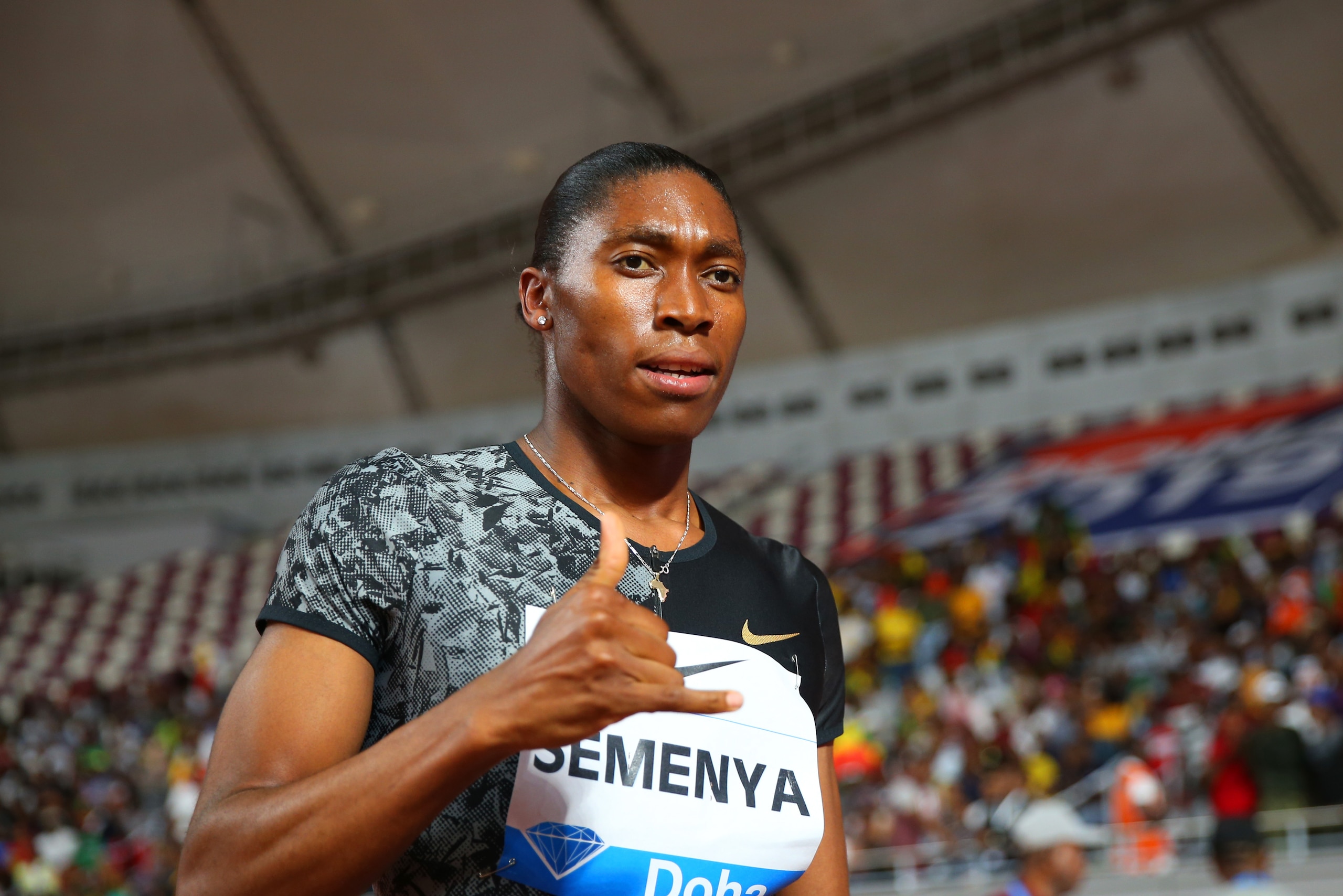 DOHA, QATAR - MAY 03:  Caster Semenya of South Africa celebrates winning the Women's 800 metres during the IAAF Diamond League event at the Khalifa International Stadium on May 03, 2019 in Doha, Qatar. (Photo by Francois Nel/Getty Images)