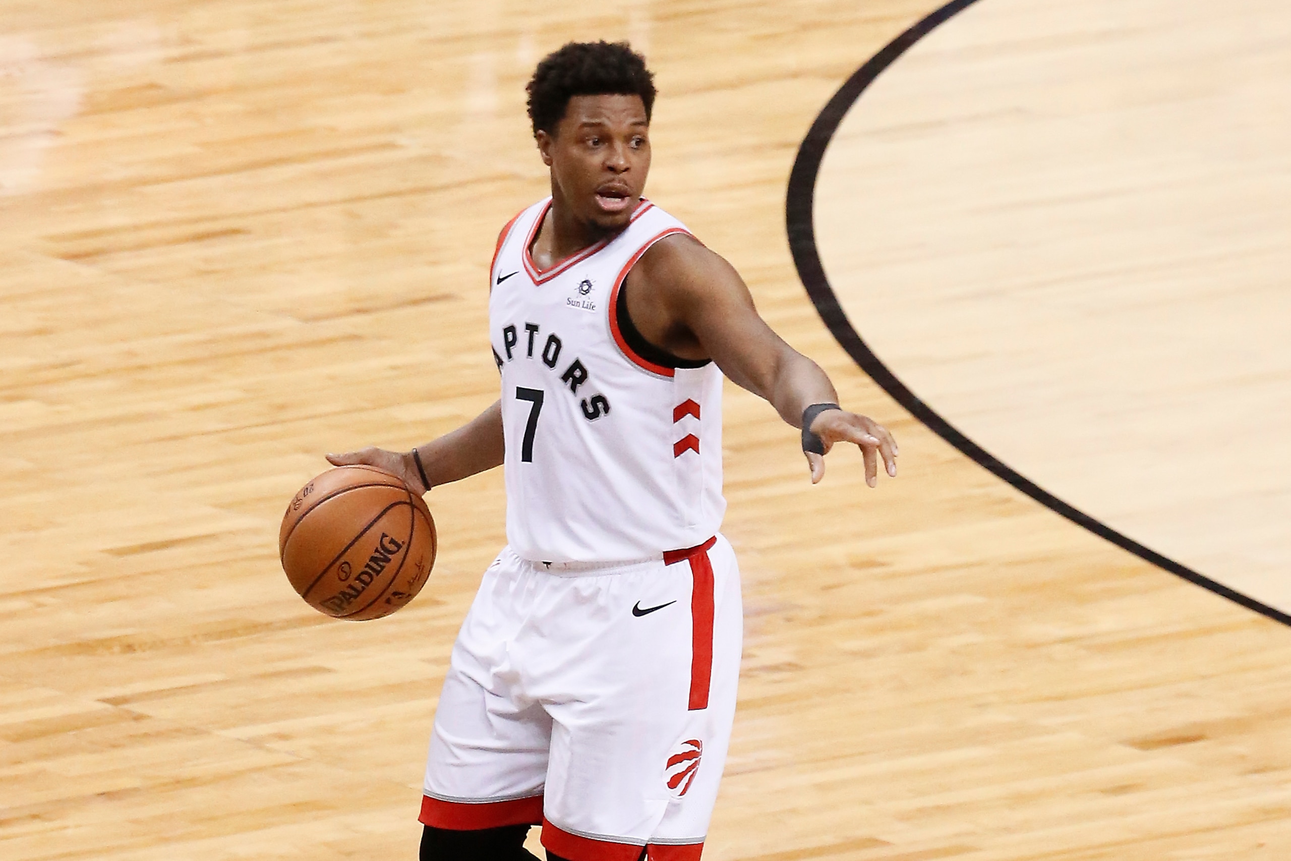 TORONTO, CANADA - JUNE 2:  Kyle Lowry #7 of the Toronto Raptors handles the ball against the Golden State Warriors during Game Two of the NBA Finals on June 2, 2019 at Scotiabank Arena in Toronto, Ontario, Canada. NOTE TO USER: User expressly acknowledges