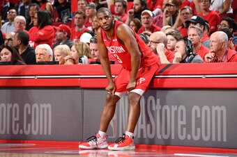 HOUSTON, TX - MAY 10: Chris Paul #3 of the Houston Rockets looks on against the Golden State Warriors during Game Six of the Western Conference Semifinals of the 2019 NBA Playoffs on May 10, 2019 at the Toyota Center in Houston, Texas. NOTE TO USER: User 