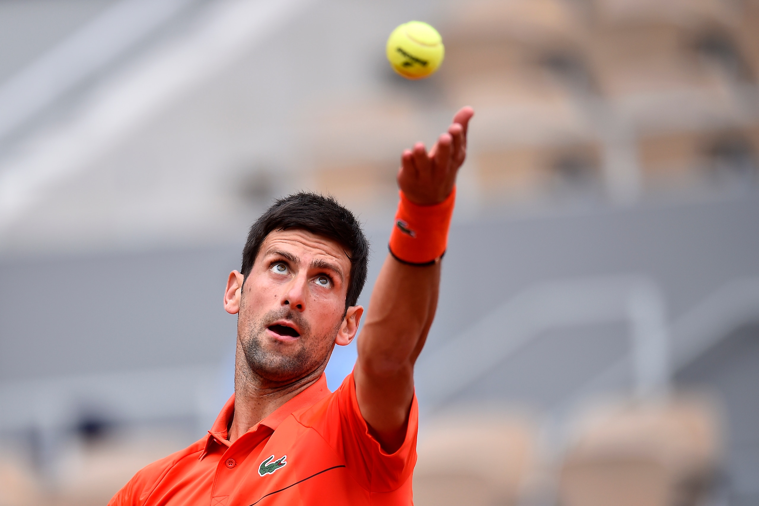 PARIS, FRANCE - JUNE 03: Novak Djokovic of Serbia serves during his mens singles fourth round match against Jan-Lennard Struff of Germany during Day nine of the 2019 French Open at Roland Garros on June 03, 2019 in Paris, France. (Photo by Aurelien Meunie