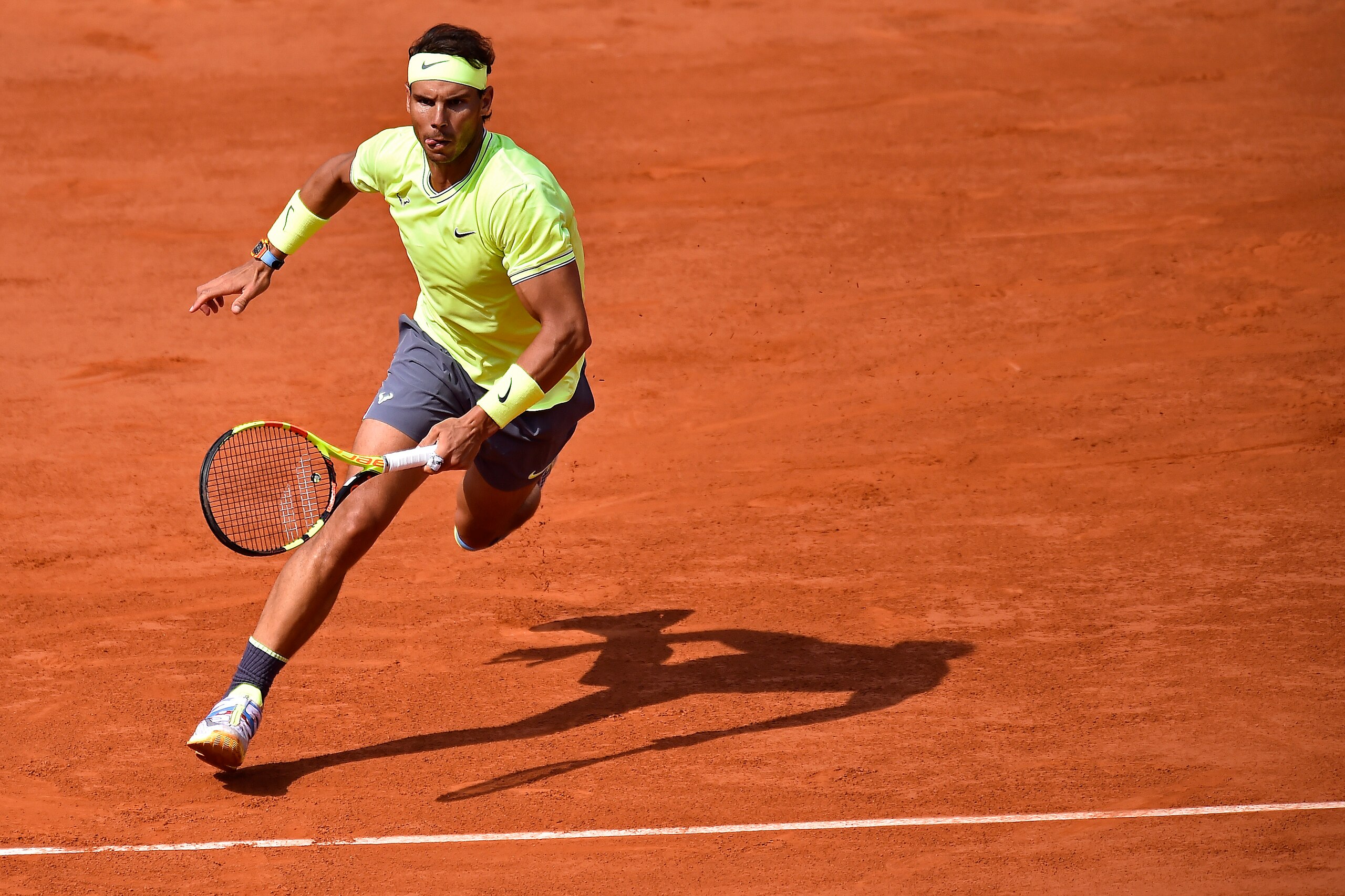 PARIS, FRANCE - JUNE 04: Rafael Nadal of Spain plays a forehand during his mens singles quarter-final match against Kei Nishikori of Japan during Day ten of the 2019 French Open at Roland Garros on June 04, 2019 in Paris, France. (Photo by Aurelien Meunie