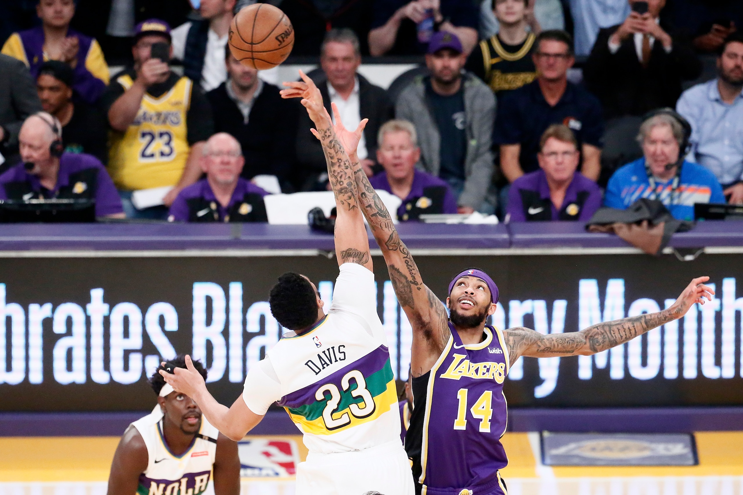 LOS ANGELES, CA - FEBRUARY 27: The opening tip-off between Anthony Davis #23 of the New Orleans Pelicans and Brandon Ingram #14 of the Los Angeles Lakers on February 27, 2019 at STAPLES Center in Los Angeles, California. NOTE TO USER: User expressly ackno