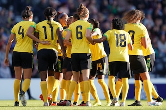 GLASGOW, SCOTLAND - MAY 28: Players of Jamaica celebrate after Khadija Shaw's goal during the Women's International Friendly between Scotland and Jamaica at Hampden Park on May 28, 2019 in Glasgow, Scotland. (Photo by Daniela Porcelli/Getty Images)