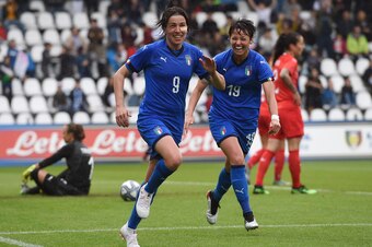 FERRARA, ITALY - MAY 29: Daniela Sabatino of Italy celebrates after scoring her team third goal during the International Friendly match Italy Women and Switzerland Women at Stadio Paolo Mazza on May 29, 2019 in Ferrara, Italy. (Photo by Tullio M. Puglia/G
