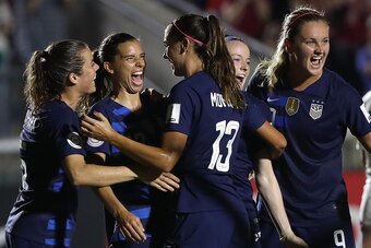 CARY, NC - OCTOBER 04:  Tobin Heath #17 celebrates with teammate Alex Morgan #13 of USA  after scoring a goal against Mexico during the Group A - CONCACAF Women's Championship at WakeMed Soccer Park on October 4, 2018 in Cary, North Carolina.  (Photo by S