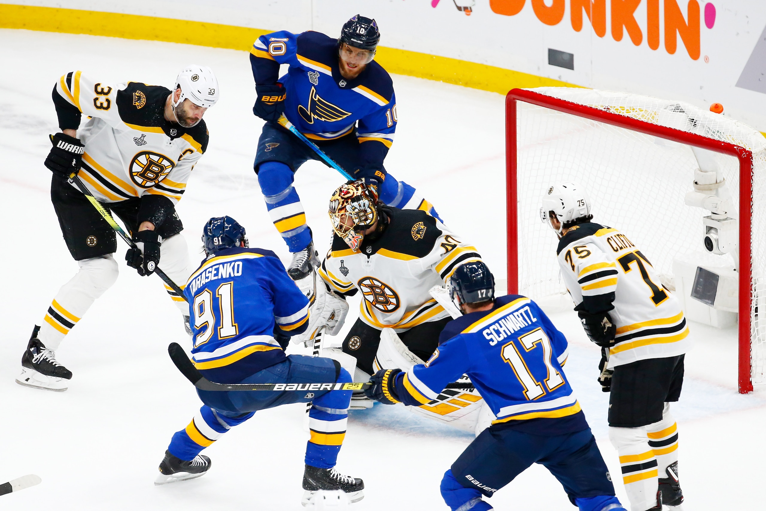 ST LOUIS, MISSOURI - JUNE 03: Vladimir Tarasenko #91 of the St. Louis Blues shoots the puck past Tuukka Rask #40 of the Boston Bruins at 15:30 for a first period goal in Game Four of the 2019 NHL Stanley Cup Final at Enterprise Center on June 03, 2019 in 