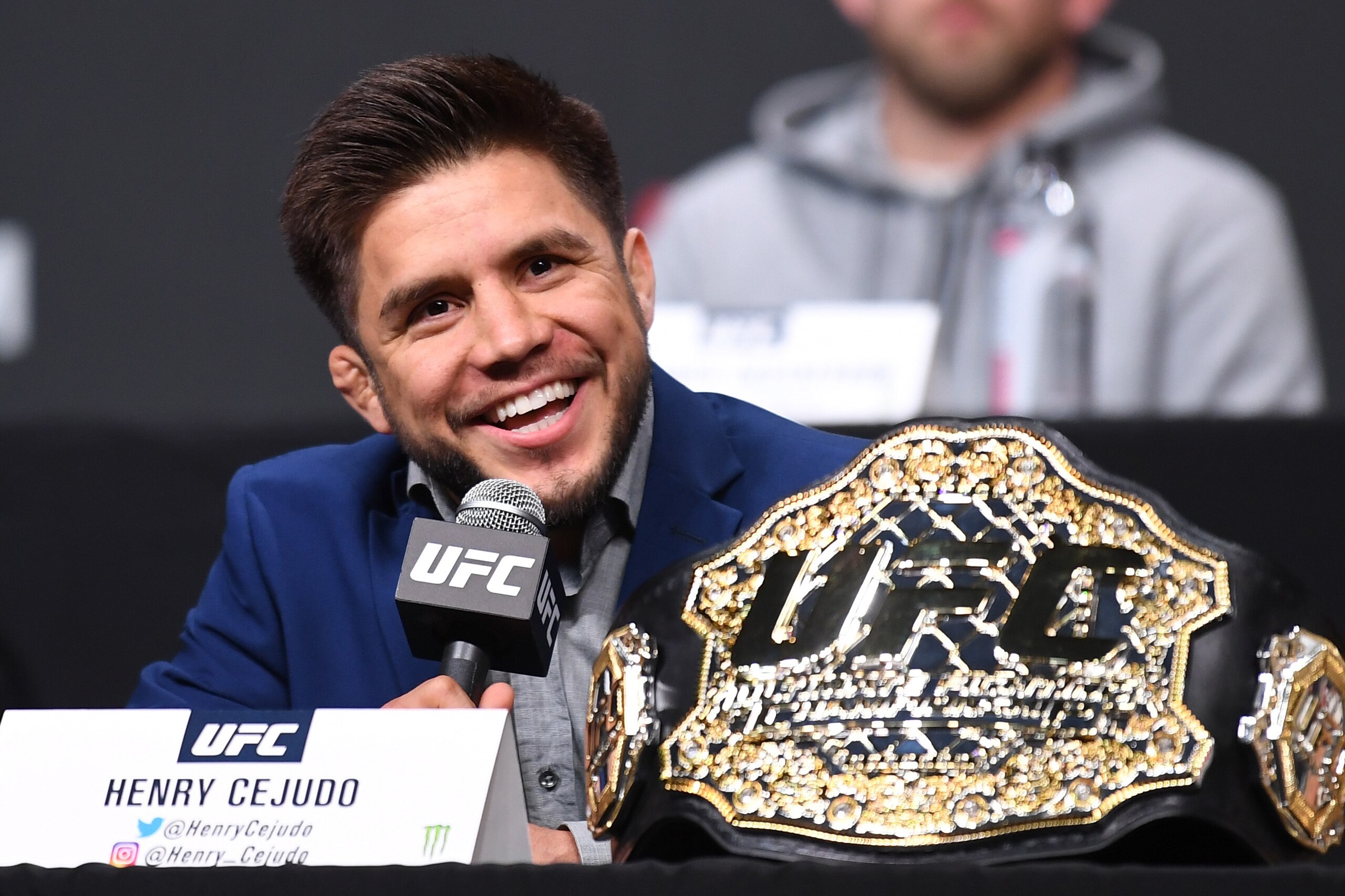 ATLANTA, GA - APRIL 12:  UFC flyweight champion Henry Cejudo speaks with the media during the UFC Seasonal Press Conference inside State Farm Arena on April 12, 2019 in Atlanta, Georgia. (Photo by Josh Hedges/Zuffa LLC/Zuffa LLC via Getty Images)