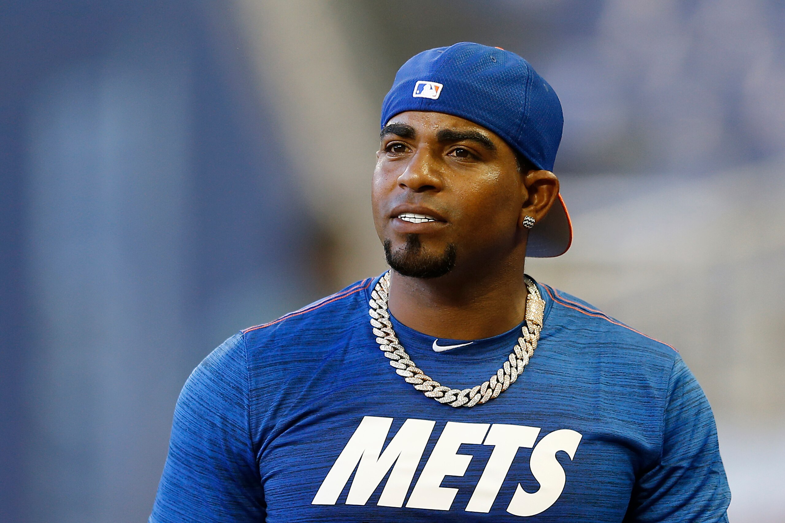 MIAMI, FLORIDA - APRIL 01:  Yoenis Cespedes #52 of the New York Mets looks on during batting practice prior to the game against the Miami Marlins at Marlins Park on April 01, 2019 in Miami, Florida. (Photo by Michael Reaves/Getty Images)