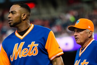 WASHINGTON, DC - AUGUST 25: Yoenis Cespedes #52 of the New York Mets reacts after an apparent leg injury in the first inning against the Washington Nationals at Nationals Park on August 25, 2017 in Washington, DC. (Photo by Patrick McDermott/Getty Images)