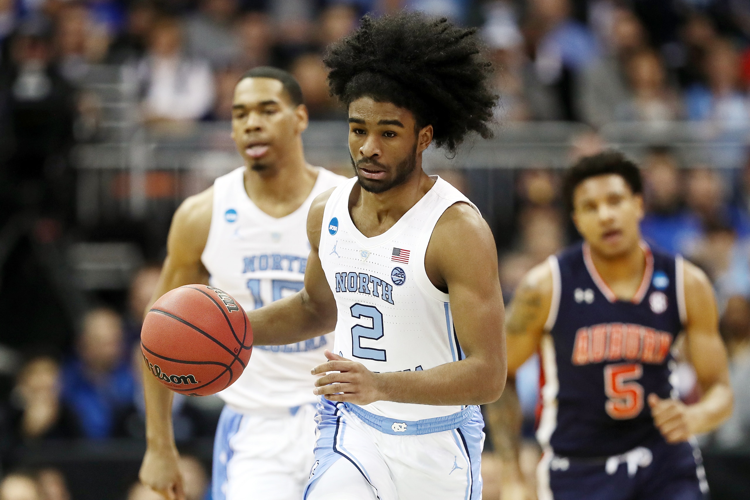 KANSAS CITY, MISSOURI - MARCH 29: Coby White #2 of the North Carolina Tar Heels handles the ball against the Auburn Tigers during the 2019 NCAA Basketball Tournament Midwest Regional at Sprint Center on March 29, 2019 in Kansas City, Missouri. (Photo by J KANSAS CITY, MISSOURI - MARCH 29: Coby White #2 of the North Carolina Tar Heels handles the ball against the Auburn Tigers during the 2019 NCAA Basketball Tournament Midwest Regional at Sprint Center on March 29, 2019 in Kansas City, Missouri. (Photo by J