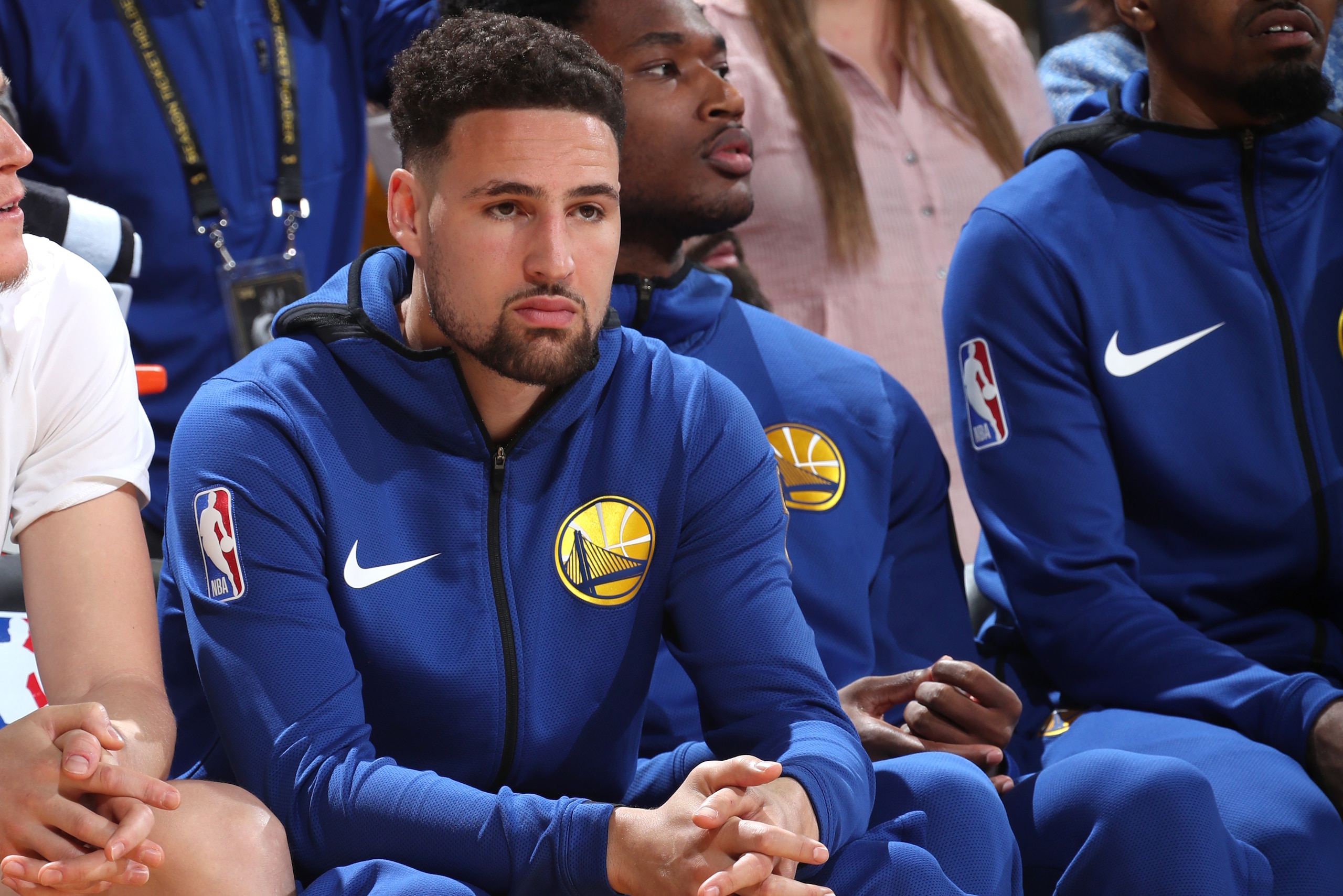 OAKLAND, CA - JUNE 5: Klay Thompson #11 of the Golden State Warriors looks on during Game Three of the NBA Finals against the Toronto Raptors on June 5, 2019 at ORACLE Arena in Oakland, California. NOTE TO USER: User expressly acknowledges and agrees that