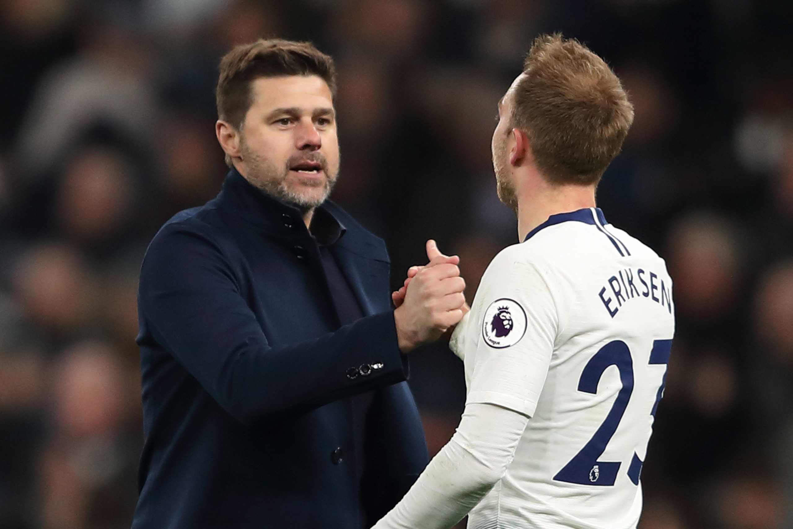 LONDON, ENGLAND - APRIL 03: Tottenham manager \ head coach Mauricio Pochettino with Christian Eriksen of Tottenham during the Premier League match between Tottenham Hotspur and Crystal Palace at Tottenham Hotspur Stadium on April 3, 2019 in London, United
